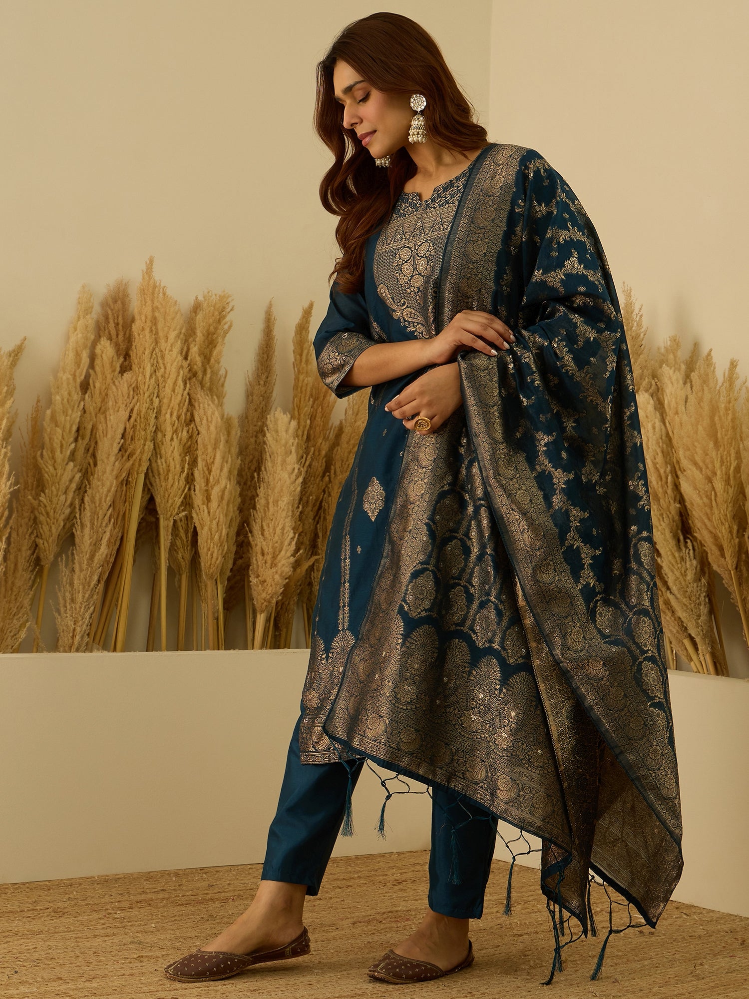 Aarambh Teal blue Women's Silk Blend Banarasi Jacquard Zari Woven Straight Kurta Pant with Dupatta Set