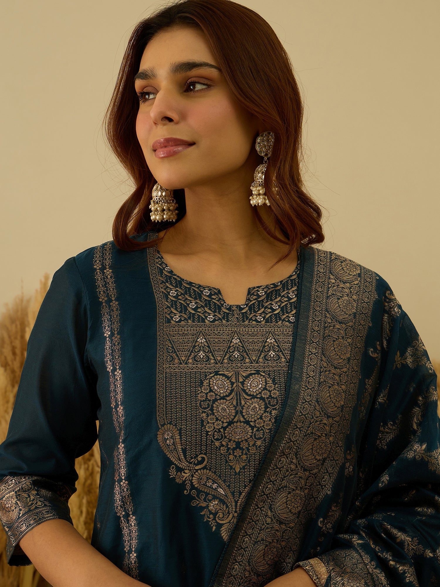 Aarambh Teal blue Women's Silk Blend Banarasi Jacquard Zari Woven Straight Kurta Pant with Dupatta Set