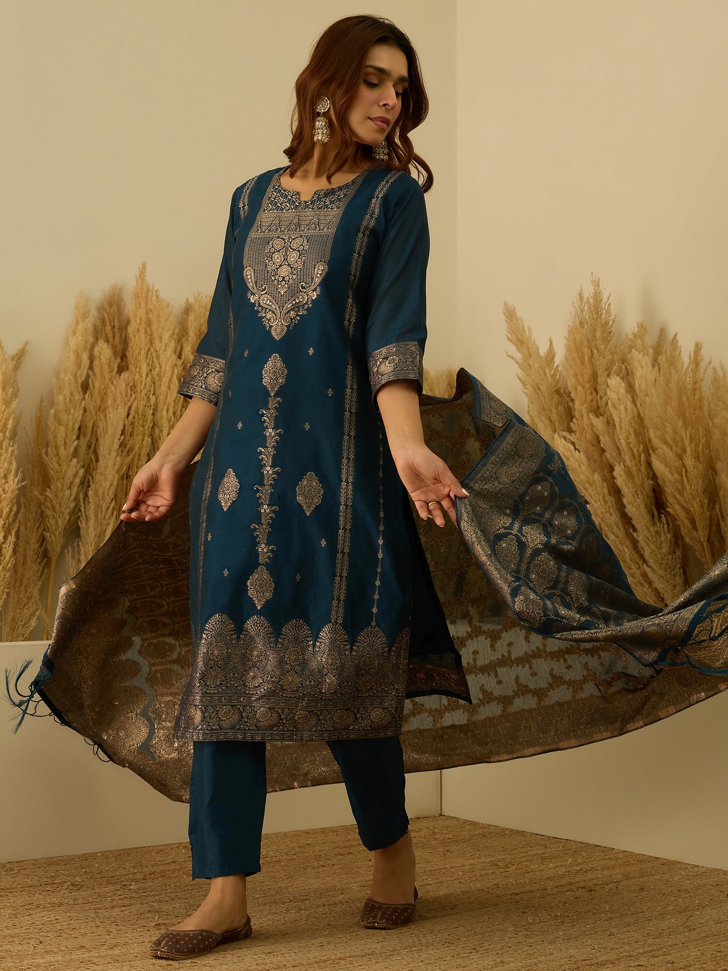 Aarambh Teal blue Women's Silk Blend Banarasi Jacquard Zari Woven Straight Kurta Pant with Dupatta Set