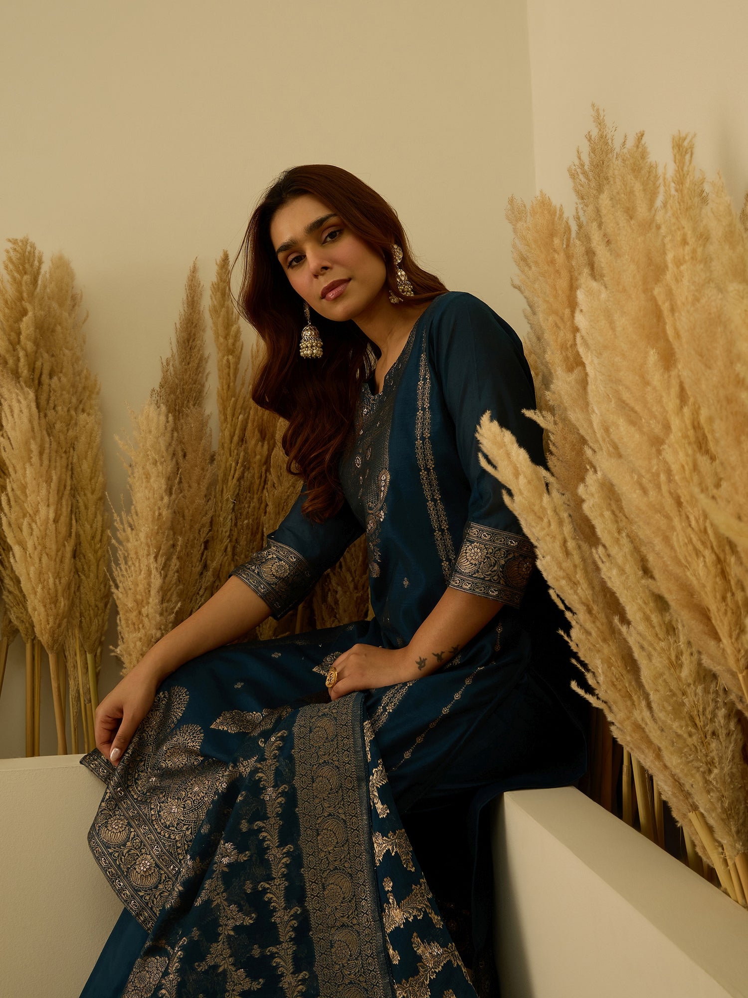 Aarambh Teal blue Women's Silk Blend Banarasi Jacquard Zari Woven Straight Kurta Pant with Dupatta Set