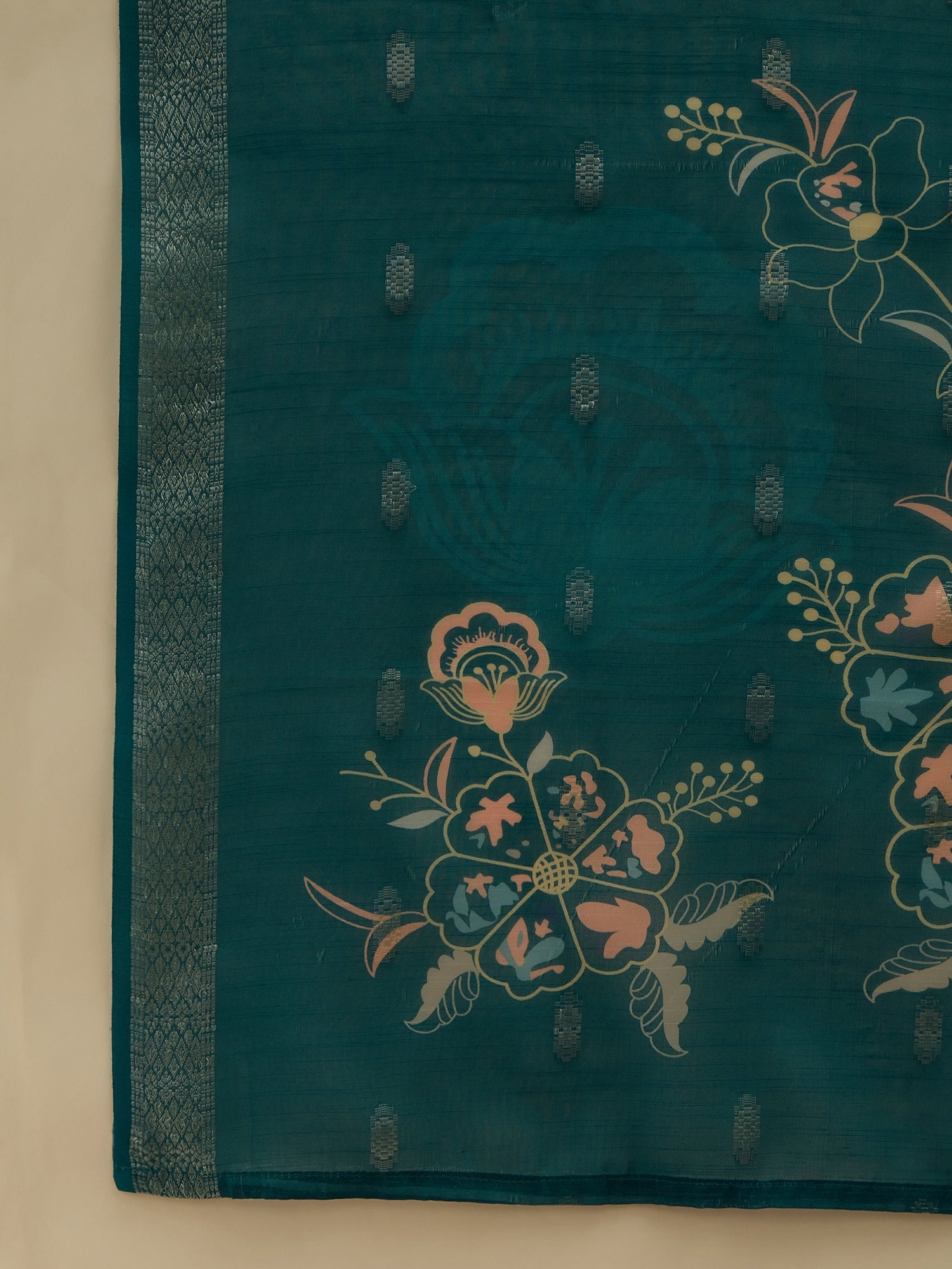 Saanjh Teal Women Kurta and Pant Dupatta Sets Silk Fabrics with Embroidery