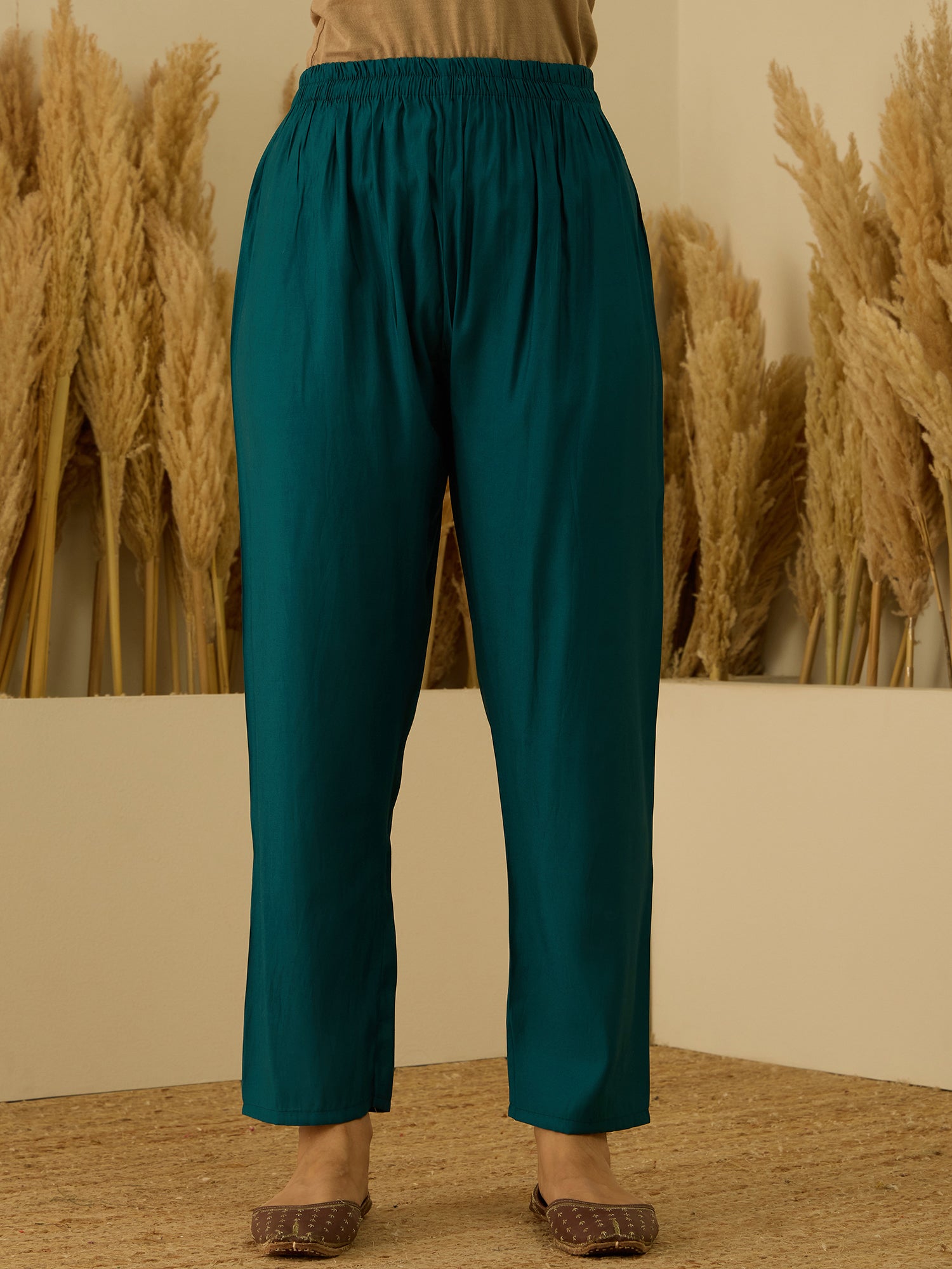 Saanjh Teal Women Kurta and Pant Dupatta Sets Silk Fabrics with Embroidery