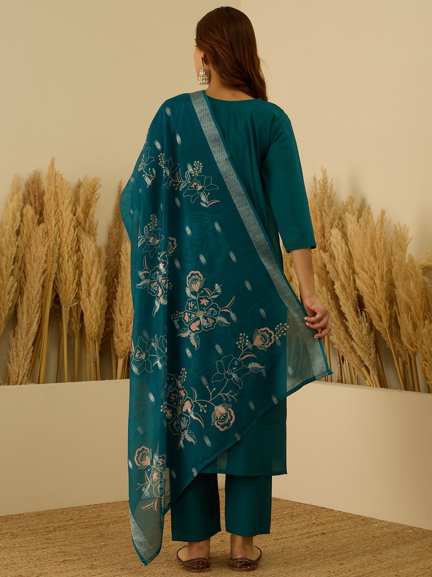 Saanjh Teal Women Kurta and Pant Dupatta Sets Silk Fabrics with Embroidery