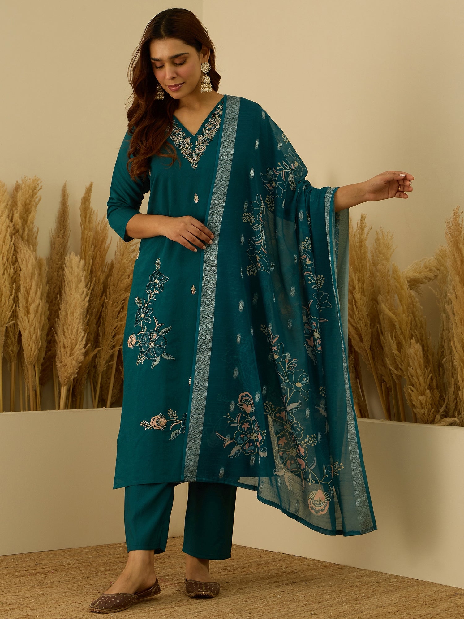 Saanjh Teal Women Kurta and Pant Dupatta Sets Silk Fabrics with Embroidery