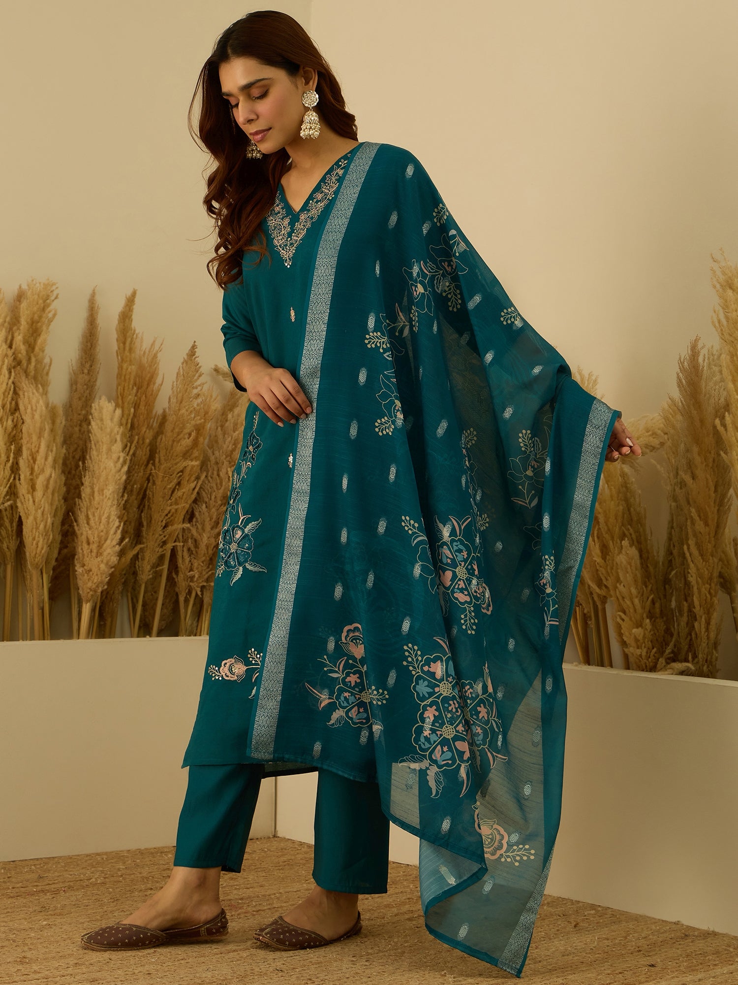 Saanjh Teal Women Kurta and Pant Dupatta Sets Silk Fabrics with Embroidery