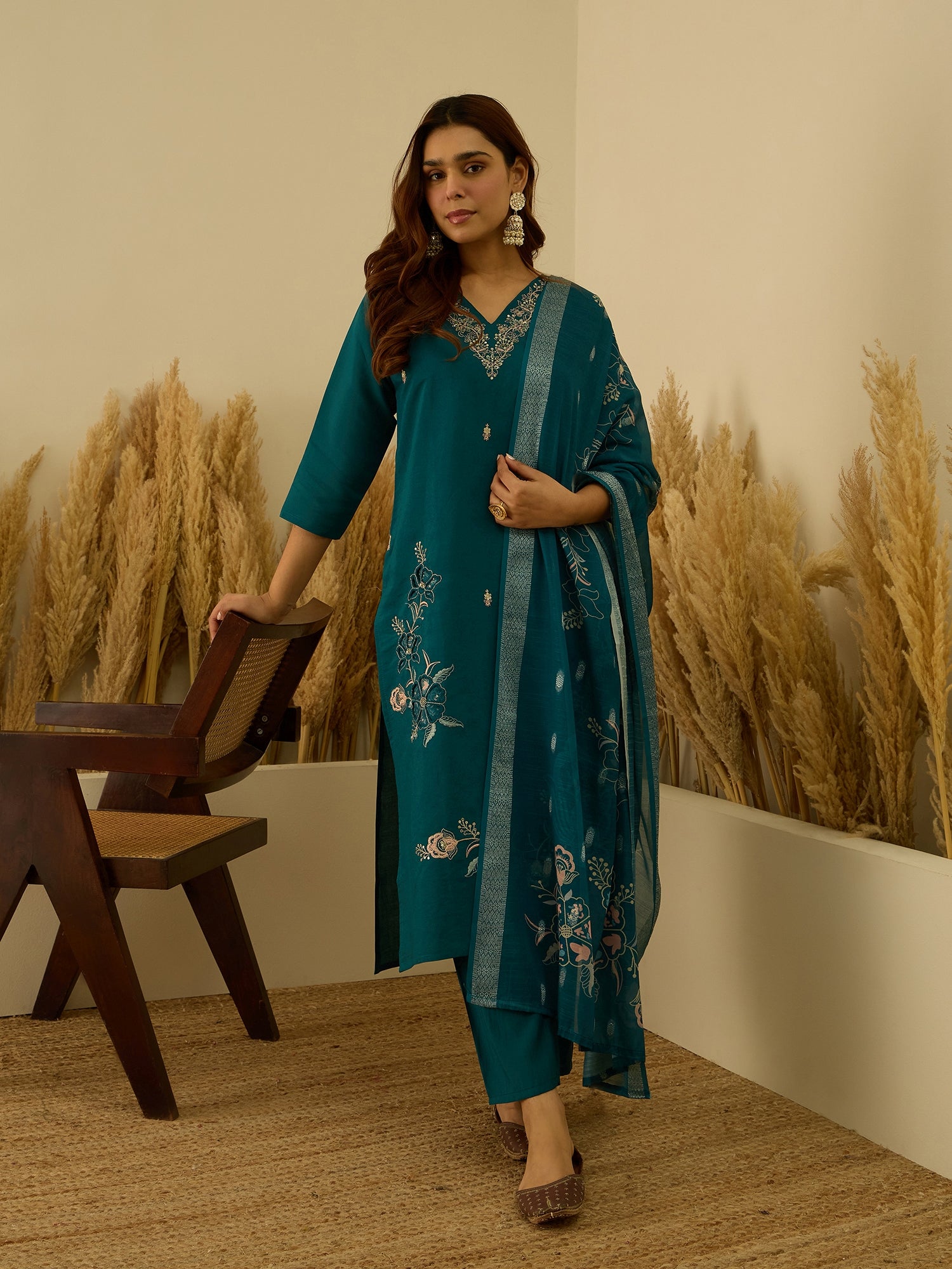 Saanjh Teal Women Kurta and Pant Dupatta Sets Silk Fabrics with Embroidery