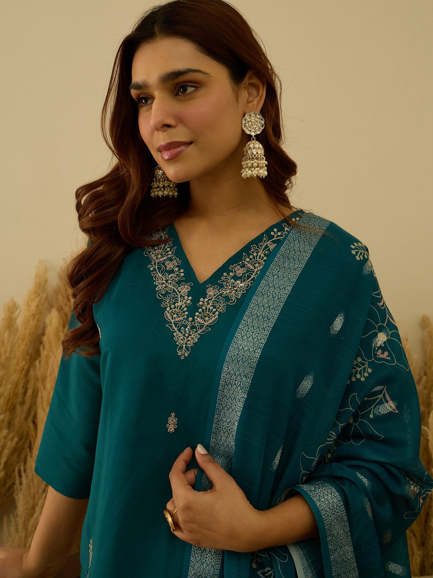 Saanjh Teal Women Kurta and Pant Dupatta Sets Silk Fabrics with Embroidery