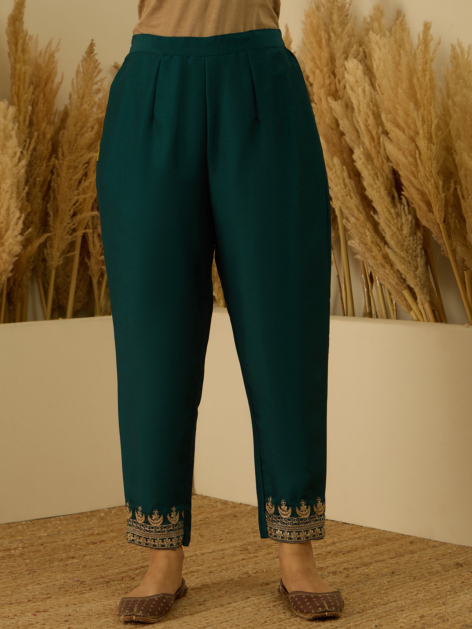 VredeVogel Teal Women Kurta and Pant Dupatta Sets Chanderi Silk Fabrics with Embroidery