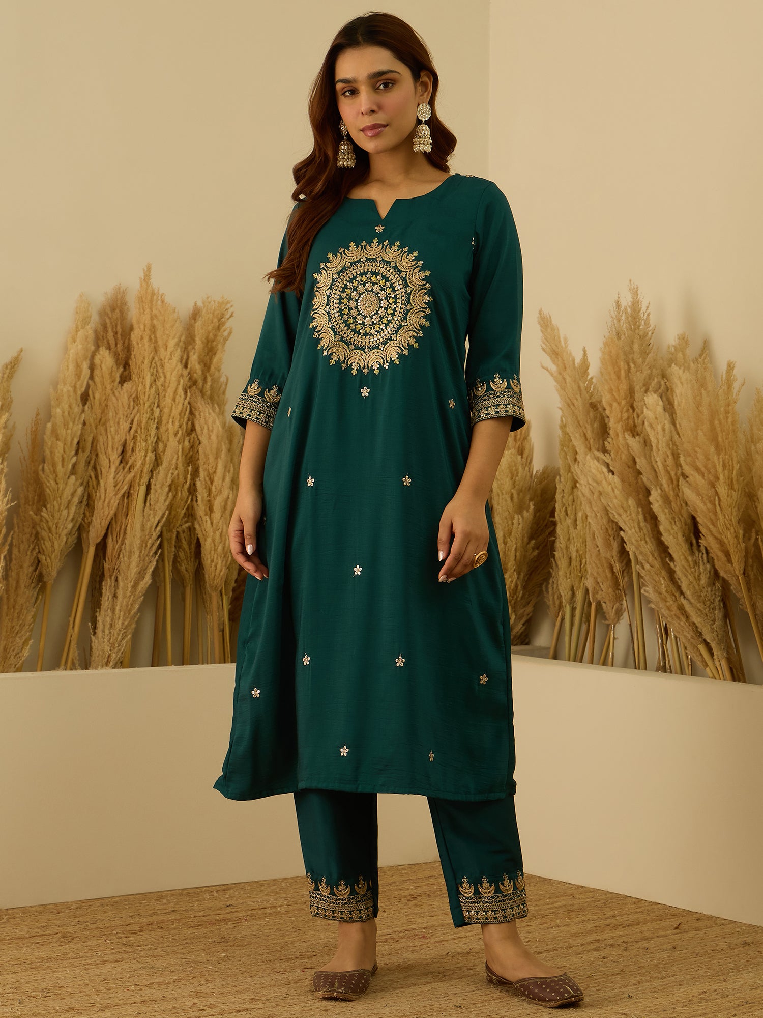 VredeVogel Teal Women Kurta and Pant Dupatta Sets Chanderi Silk Fabrics with Embroidery