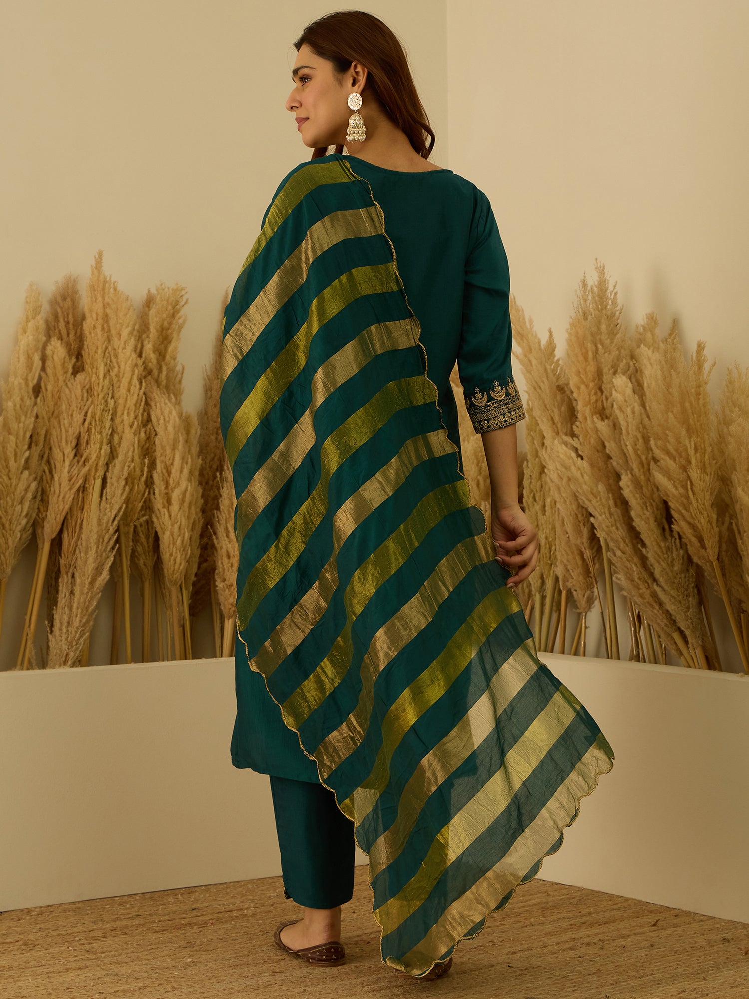 VredeVogel Teal Women Kurta and Pant Dupatta Sets Chanderi Silk Fabrics with Embroidery