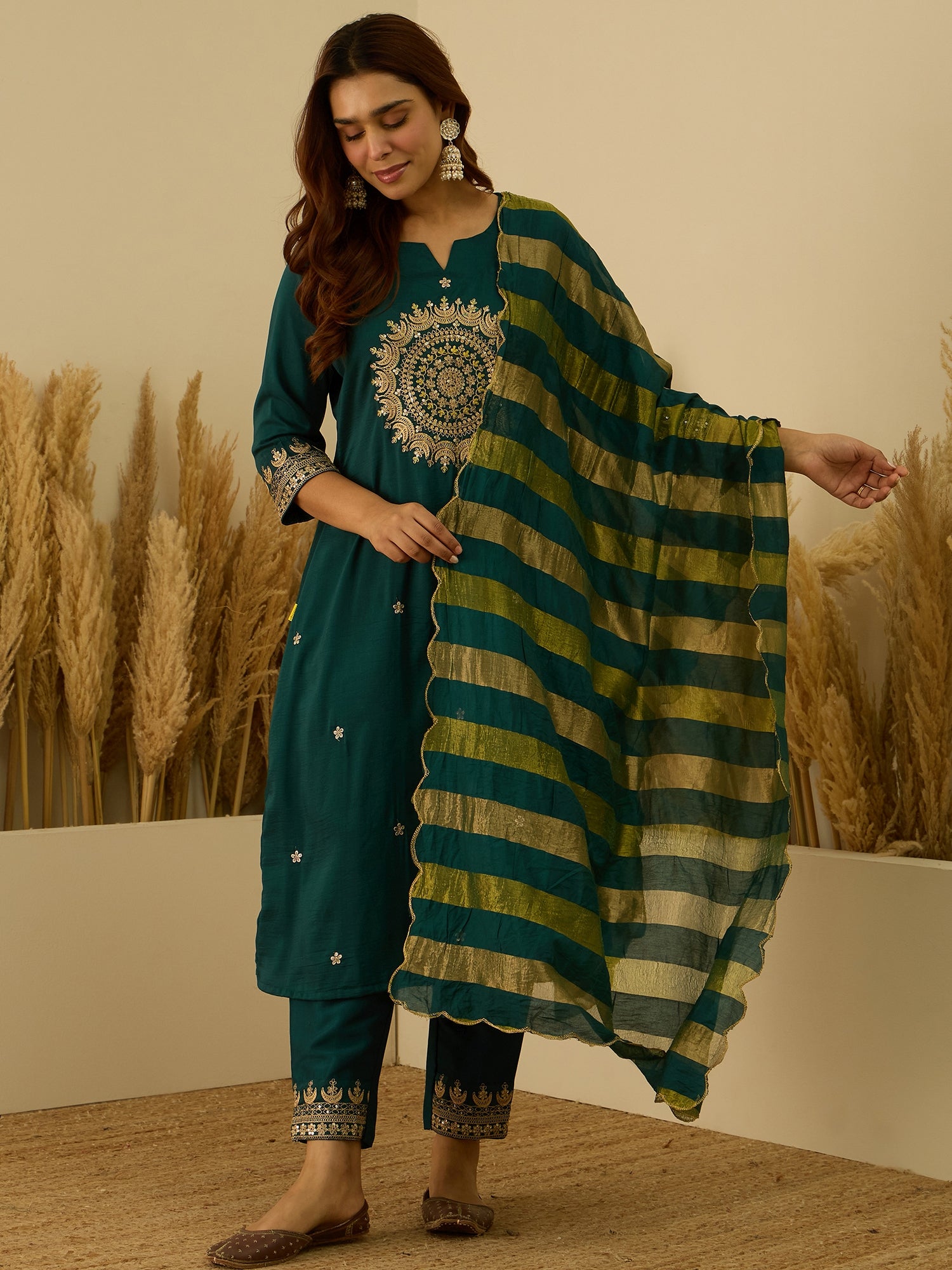 VredeVogel Teal Women Kurta and Pant Dupatta Sets Chanderi Silk Fabrics with Embroidery