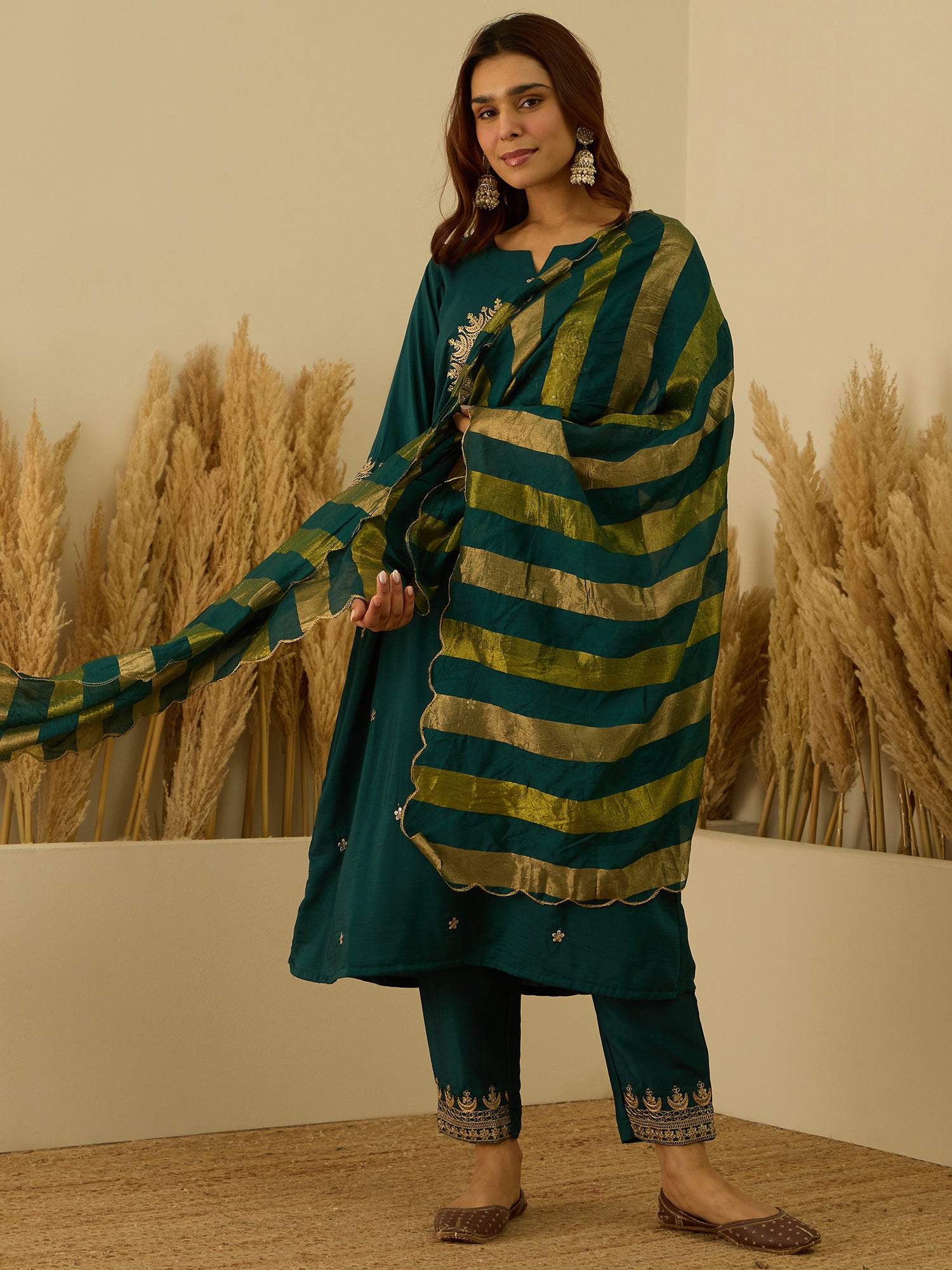 VredeVogel Teal Women Kurta and Pant Dupatta Sets Chanderi Silk Fabrics with Embroidery