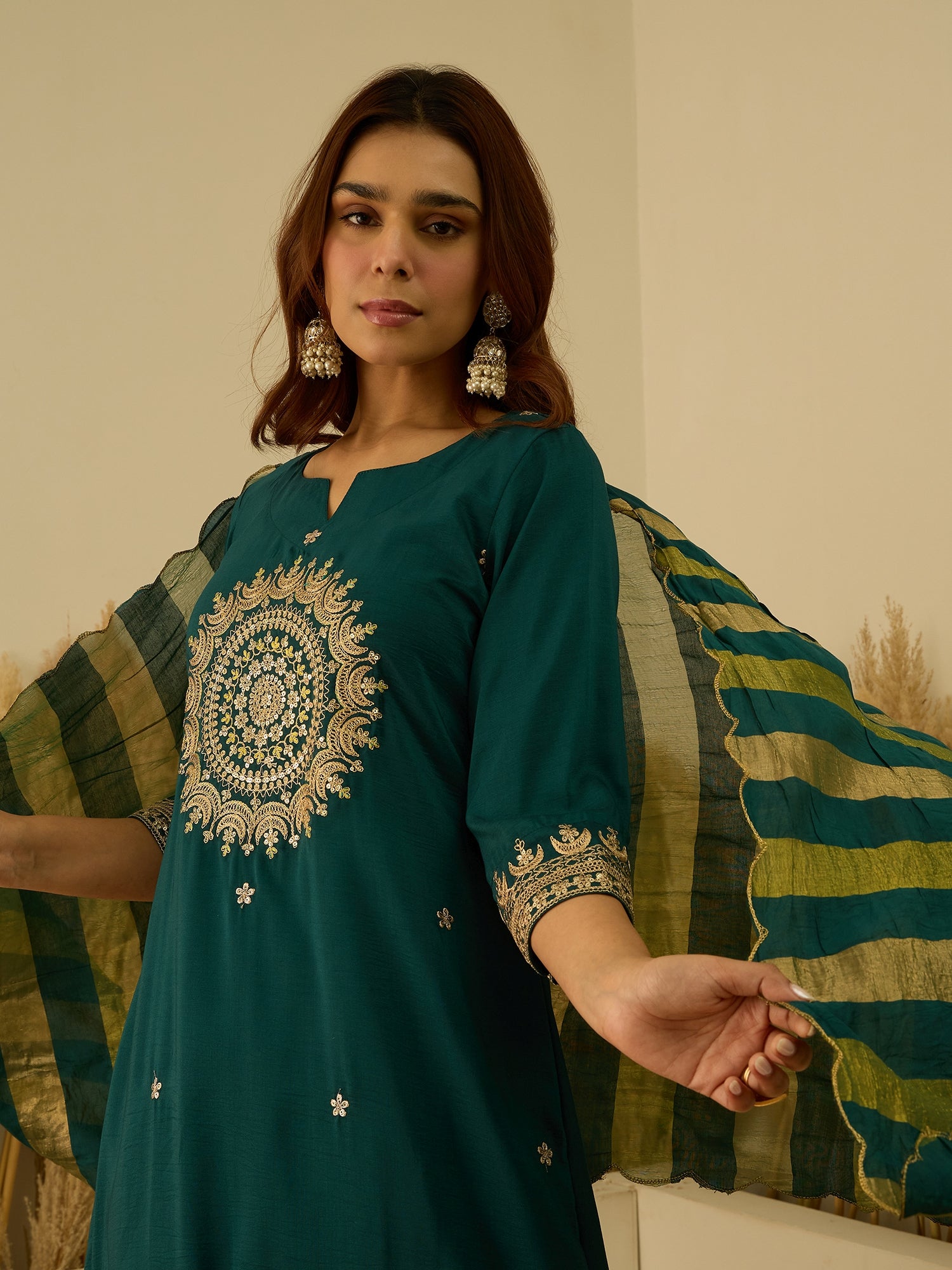 VredeVogel Teal Women Kurta and Pant Dupatta Sets Chanderi Silk Fabrics with Embroidery