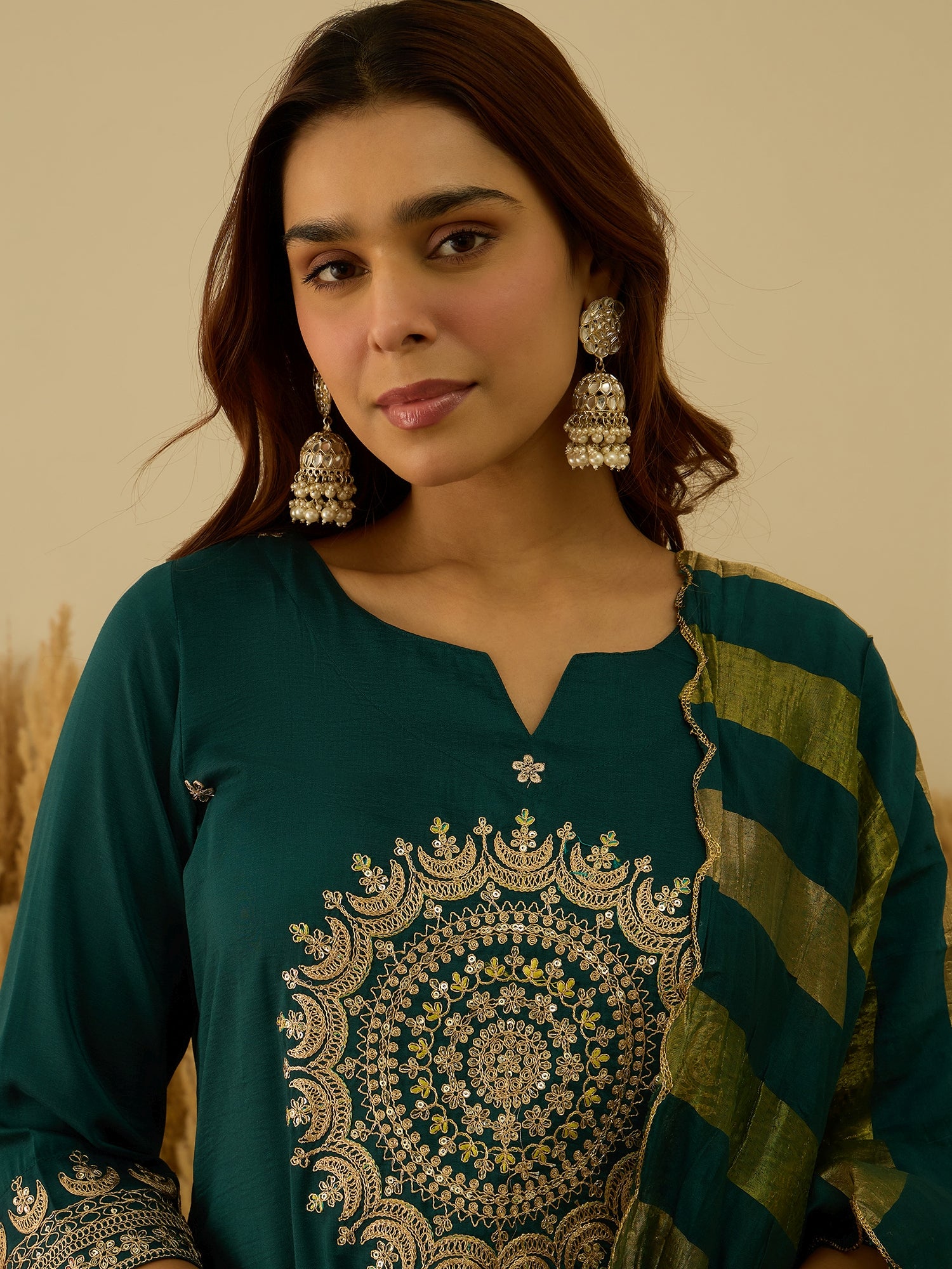 VredeVogel Teal Women Kurta and Pant Dupatta Sets Chanderi Silk Fabrics with Embroidery