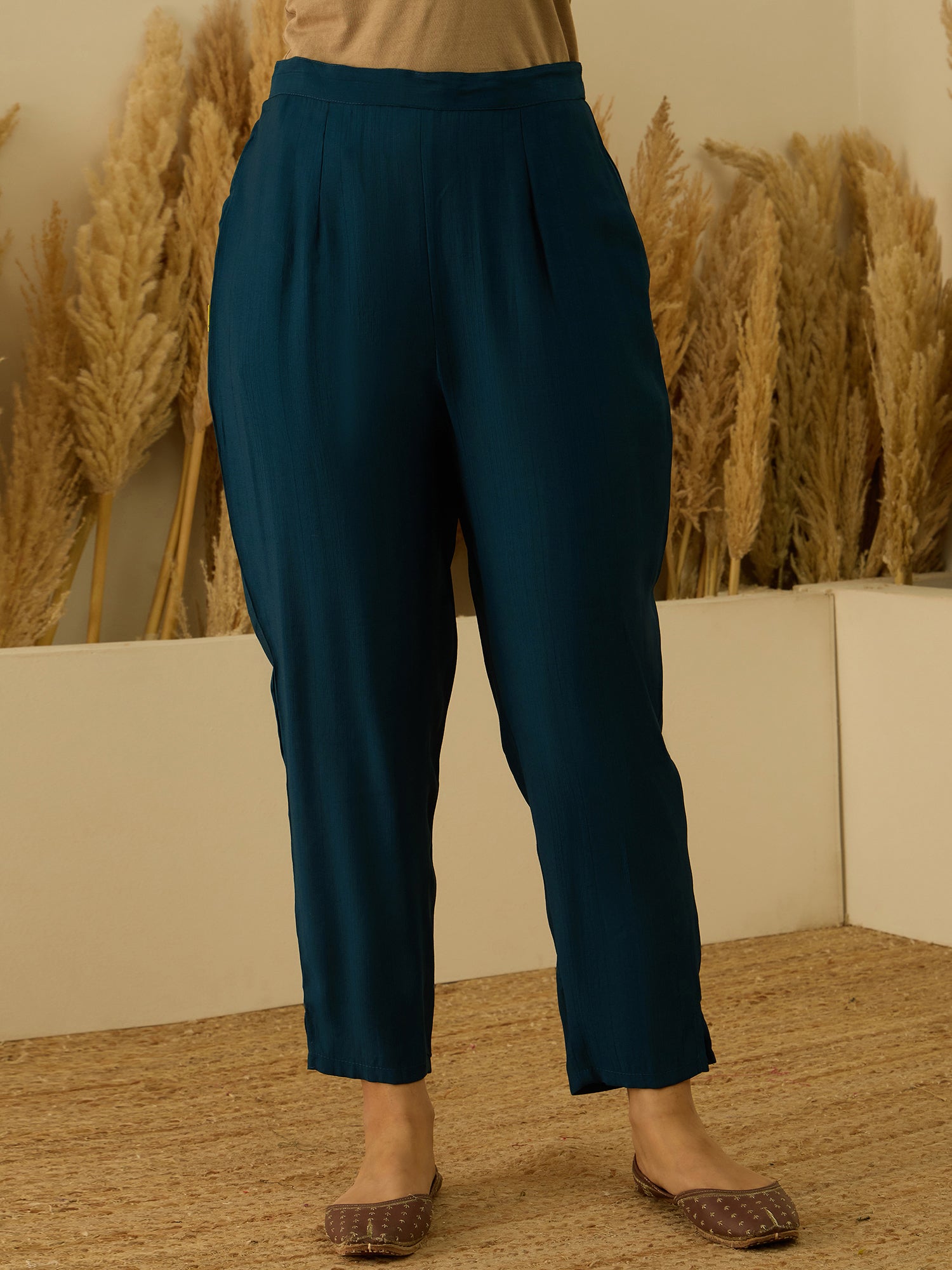 VredeVogel Teal Viscose Rayon Embroidered with Sequins Straight Kurta Set with Trousers & Dupatta