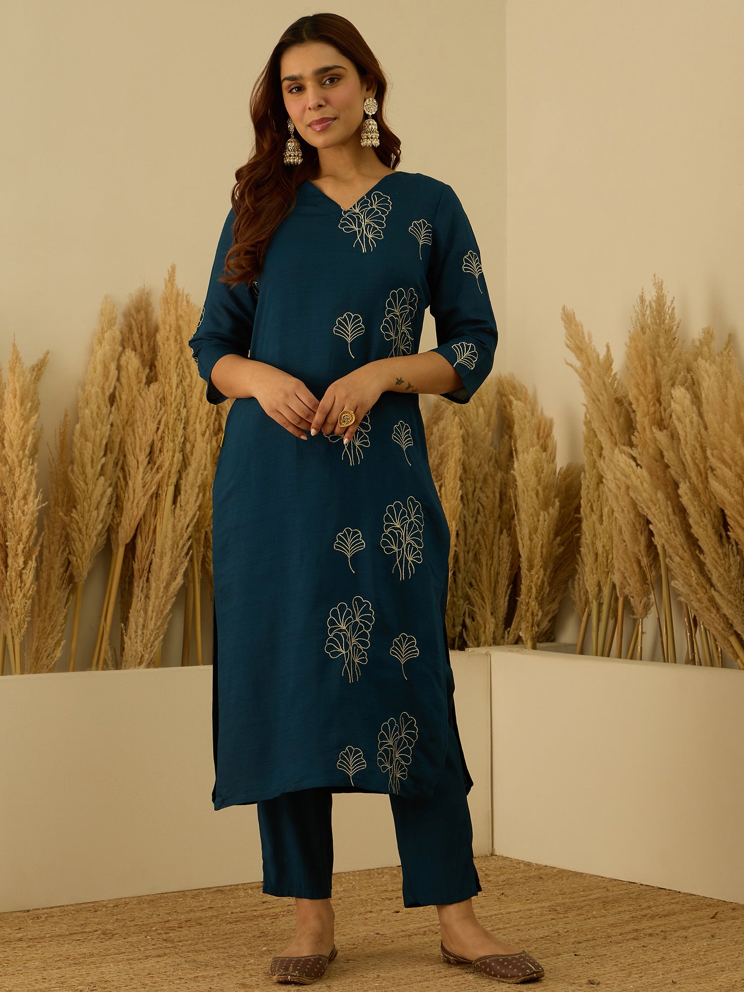 VredeVogel Teal Viscose Rayon Embroidered with Sequins Straight Kurta Set with Trousers & Dupatta