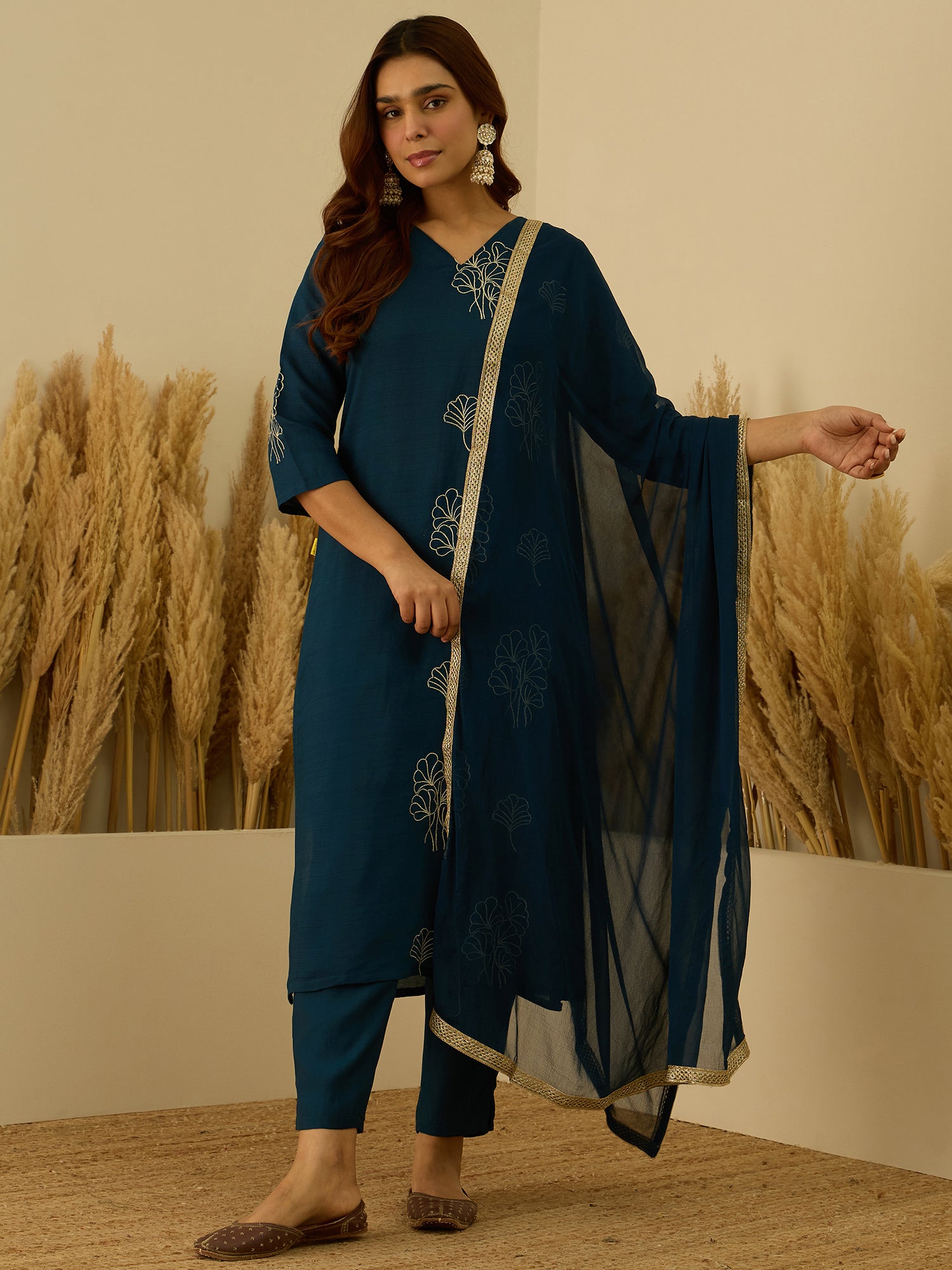 VredeVogel Teal Viscose Rayon Embroidered with Sequins Straight Kurta Set with Trousers & Dupatta