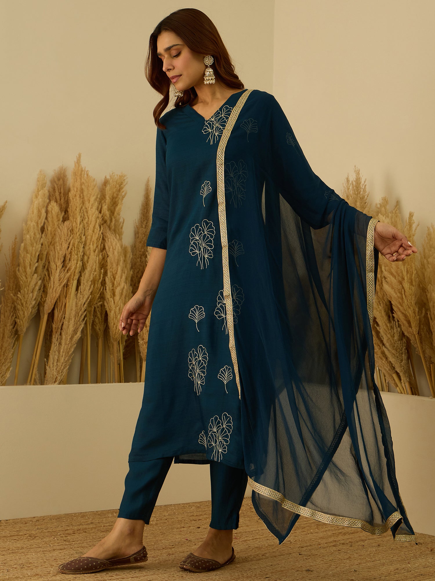 VredeVogel Teal Viscose Rayon Embroidered with Sequins Straight Kurta Set with Trousers & Dupatta