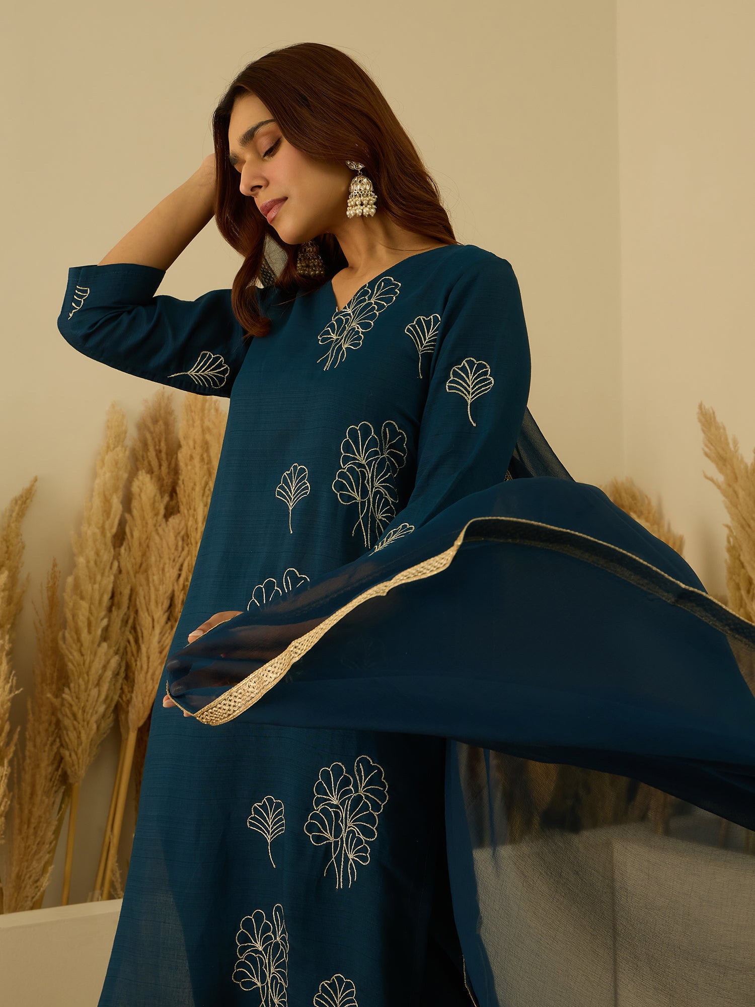 VredeVogel Teal Viscose Rayon Embroidered with Sequins Straight Kurta Set with Trousers & Dupatta