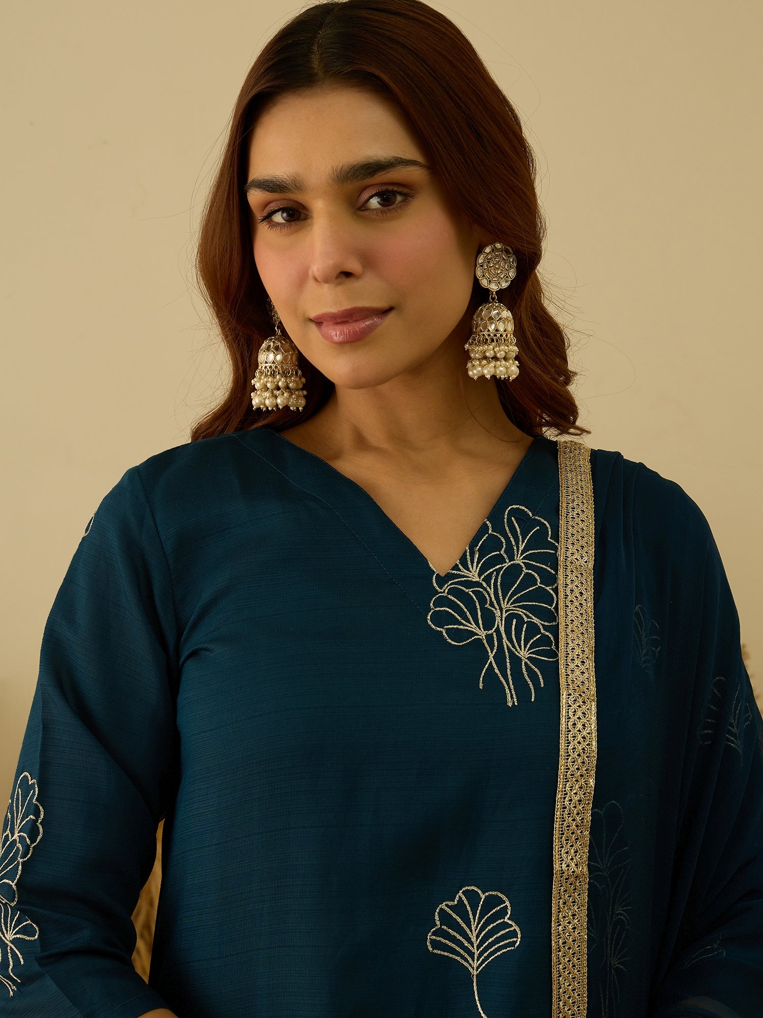VredeVogel Teal Viscose Rayon Embroidered with Sequins Straight Kurta Set with Trousers & Dupatta