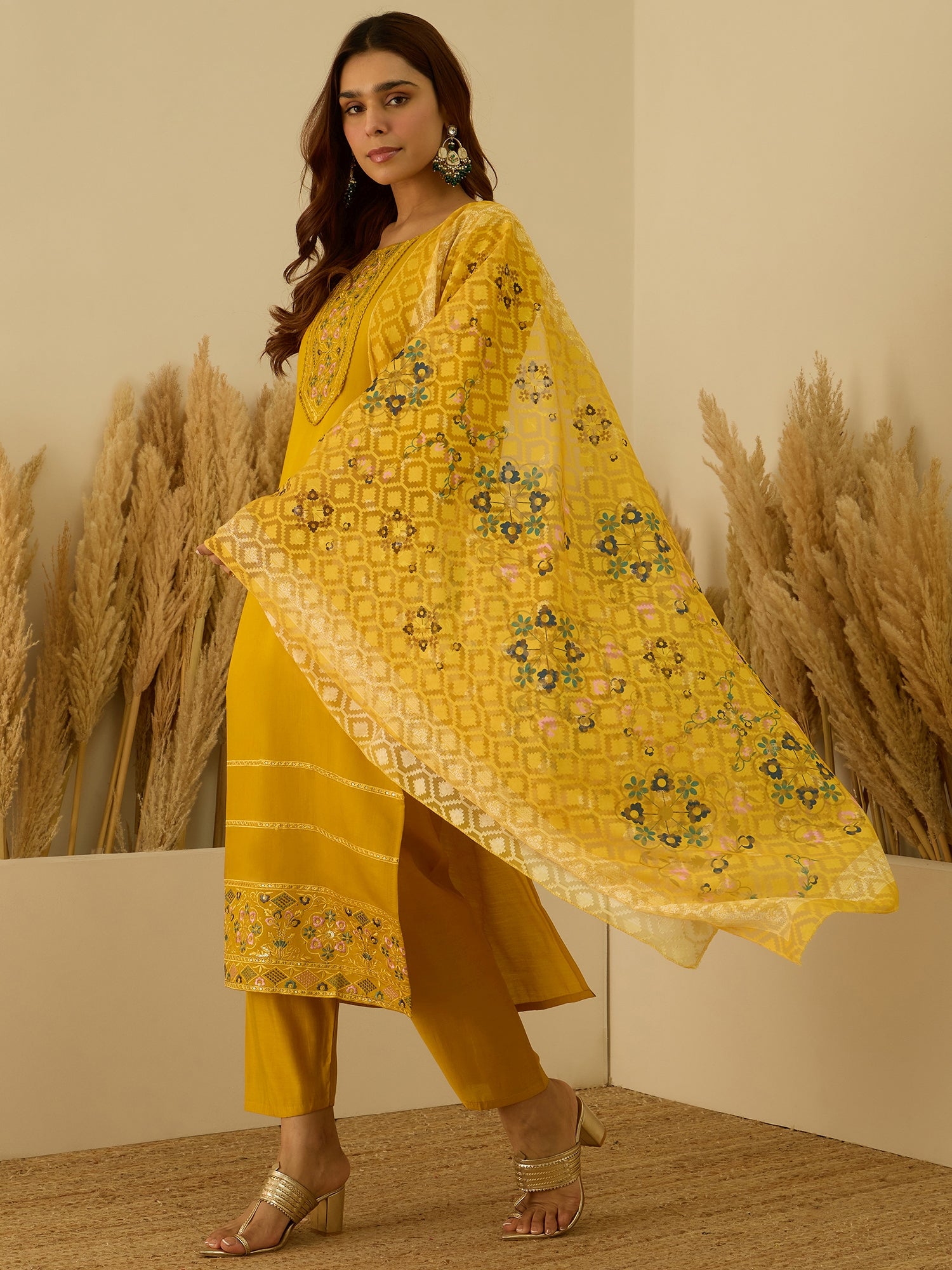 Saumya Yellow Women Kurta and Pant Dupatta Sets Silk Fabrics with Embroidery