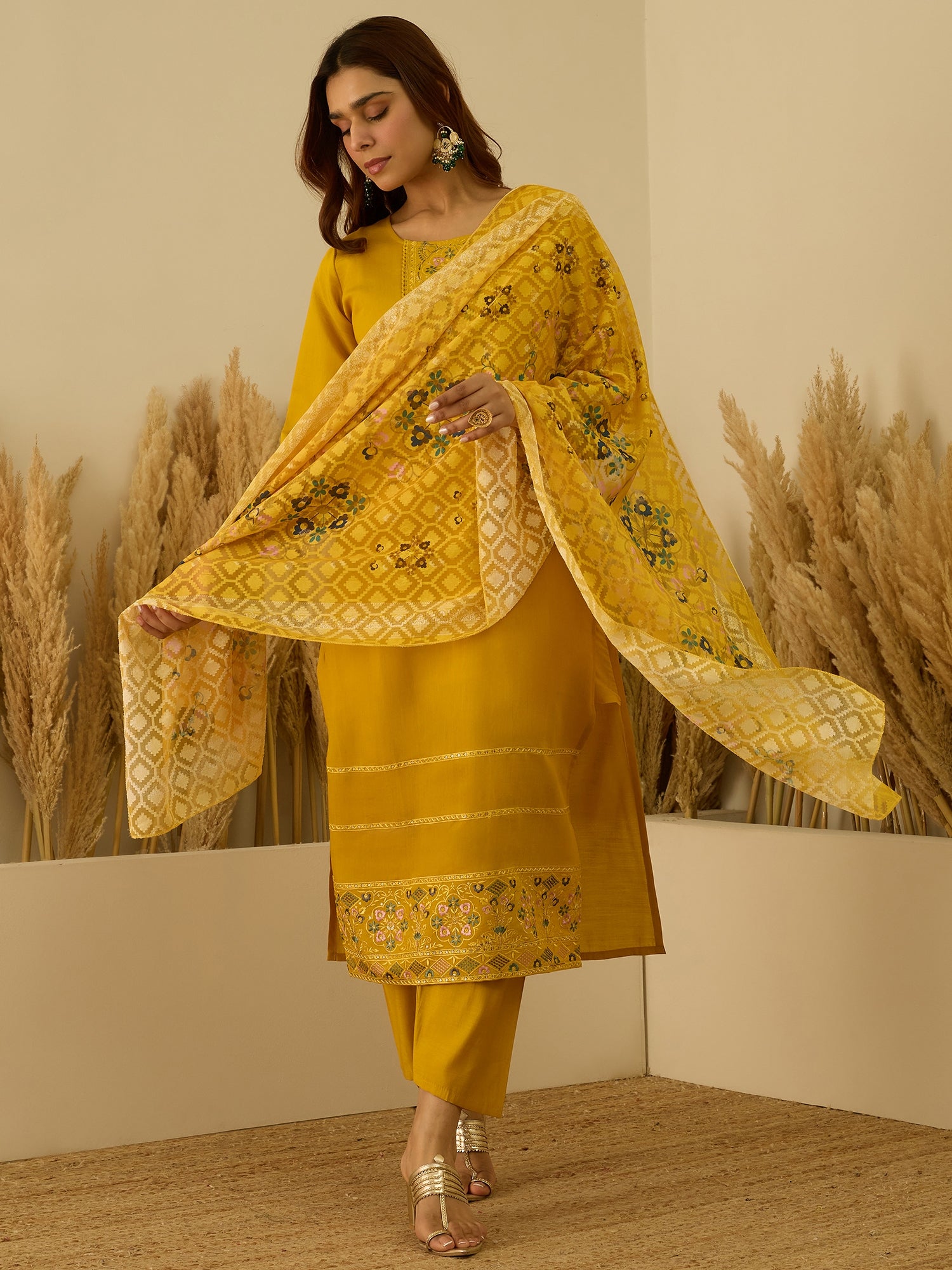 Saumya Yellow Women Kurta and Pant Dupatta Sets Silk Fabrics with Embroidery