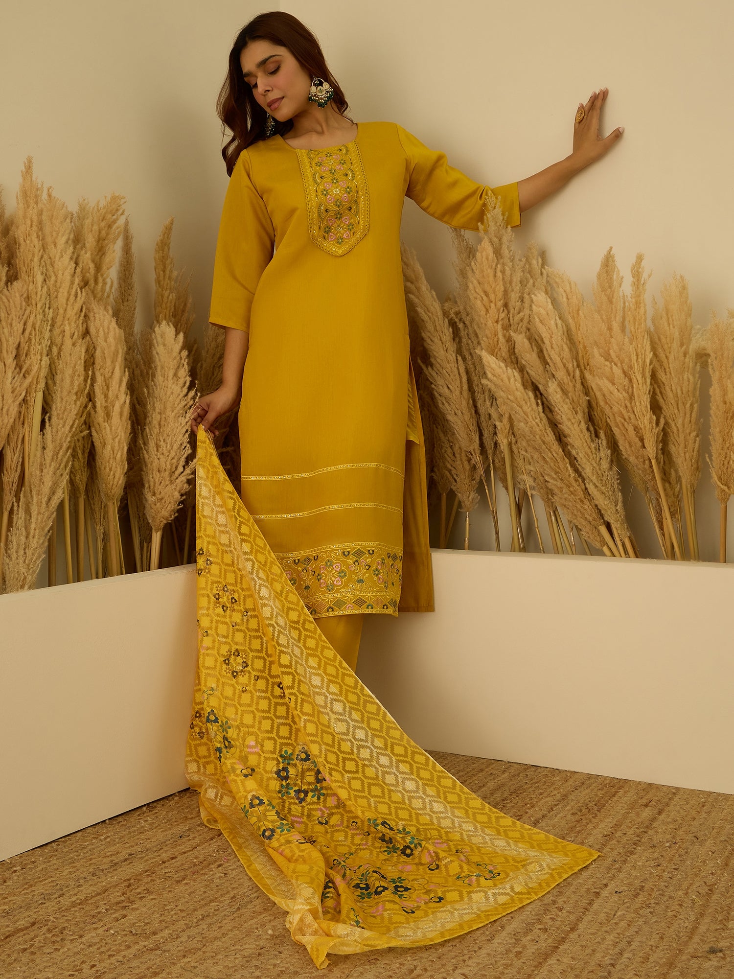 Saumya Yellow Women Kurta and Pant Dupatta Sets Silk Fabrics with Embroidery