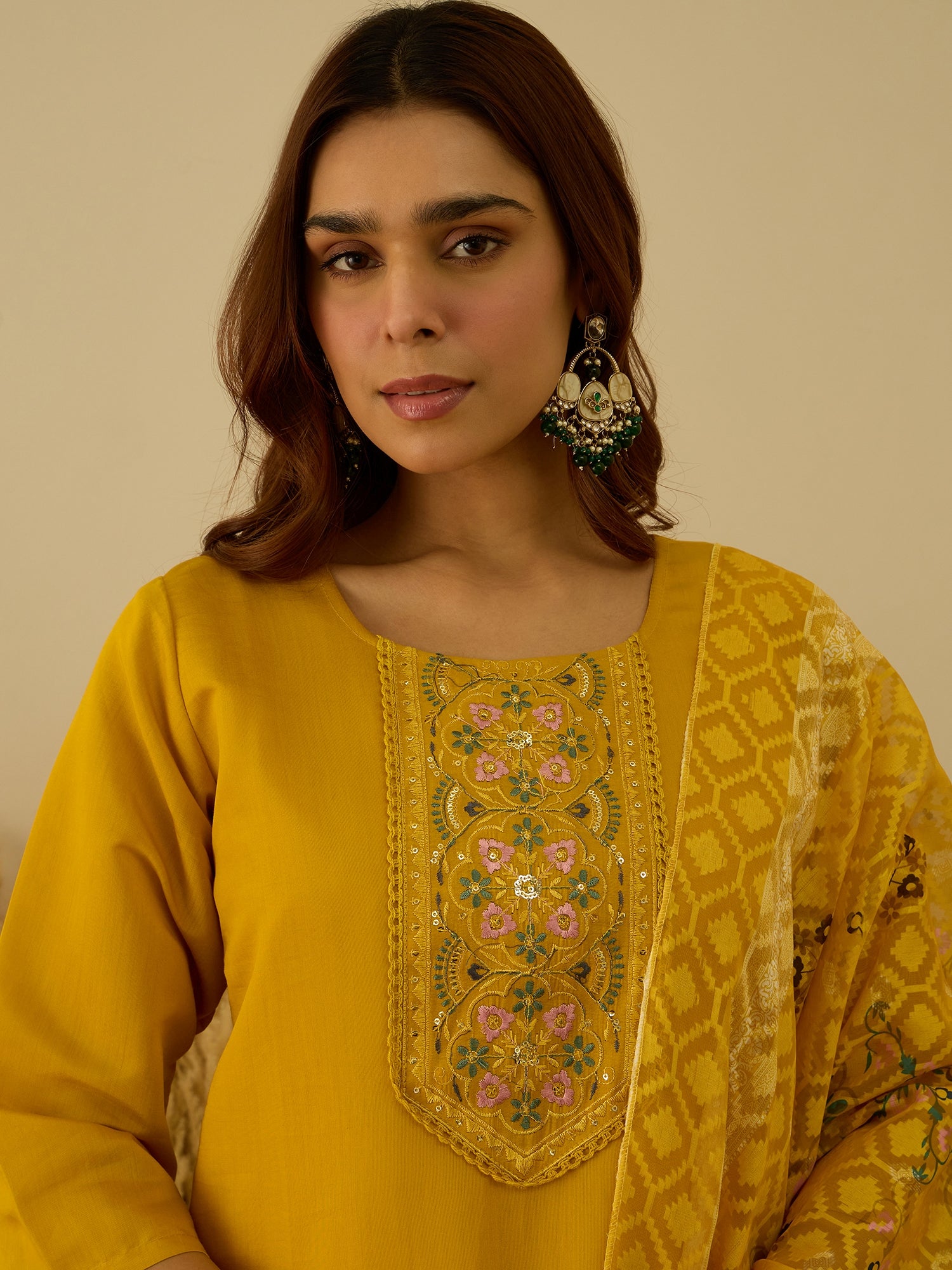 Saumya Yellow Women Kurta and Pant Dupatta Sets Silk Fabrics with Embroidery
