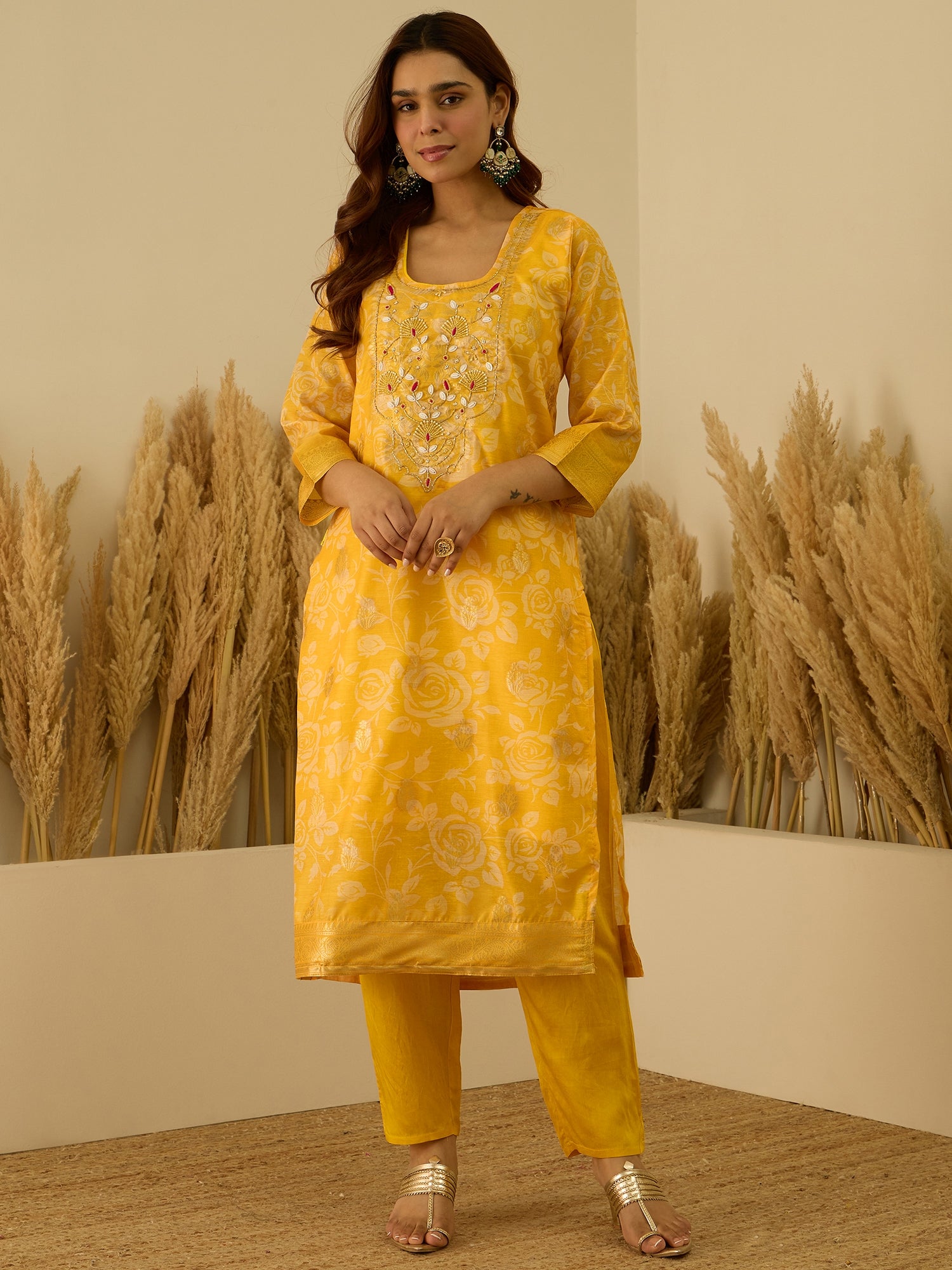 VredeVogel Yellow Silk Blend Embroidered Straight Kurta Set with Trousers & Dupatta