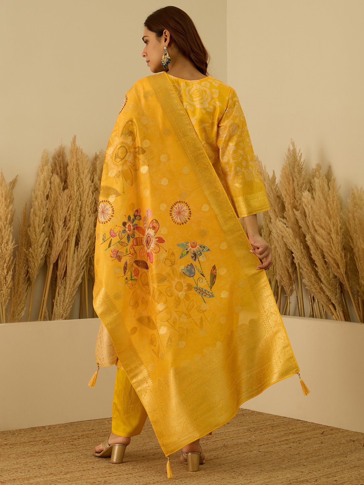 VredeVogel Yellow Silk Blend Embroidered Straight Kurta Set with Trousers & Dupatta