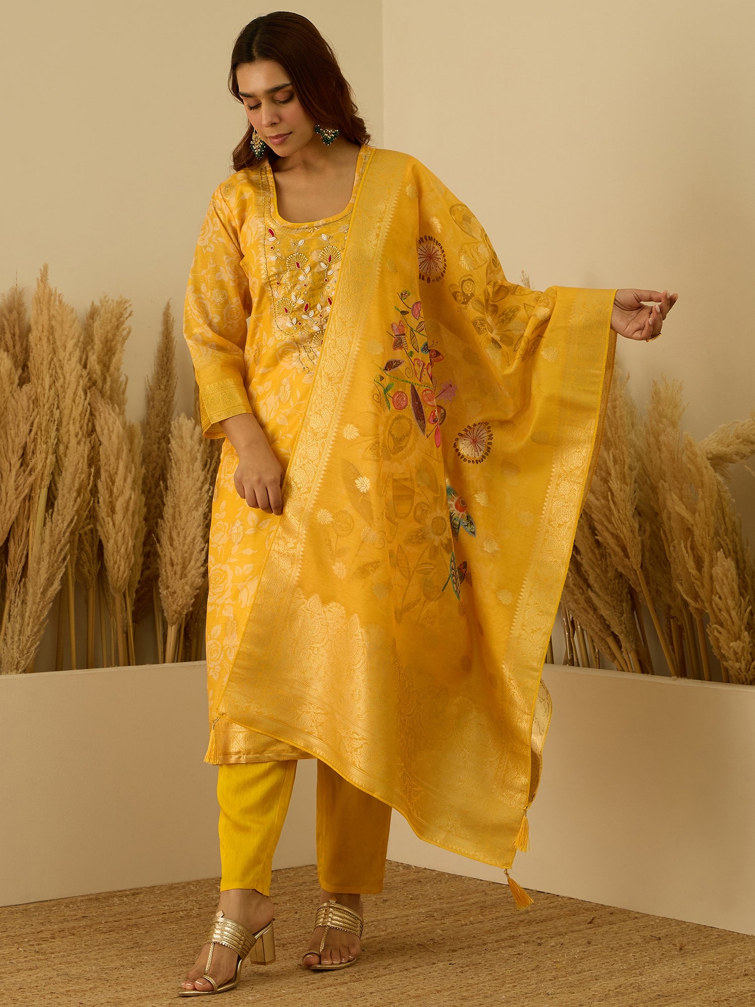 VredeVogel Yellow Silk Blend Embroidered Straight Kurta Set with Trousers & Dupatta