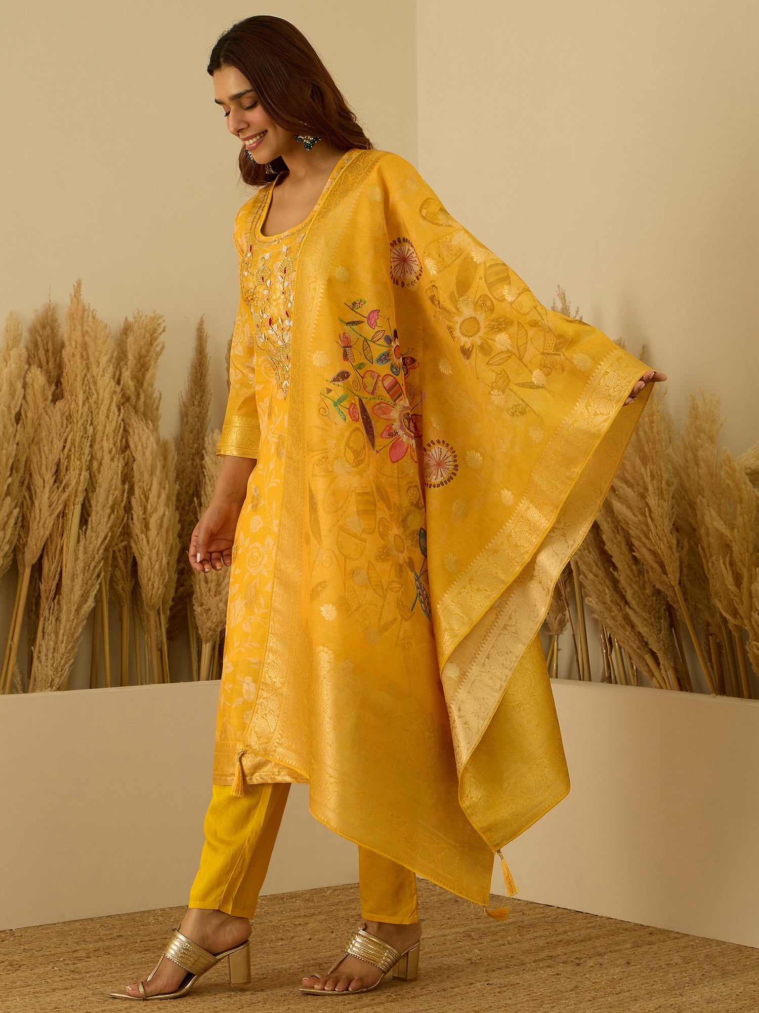 VredeVogel Yellow Silk Blend Embroidered Straight Kurta Set with Trousers & Dupatta