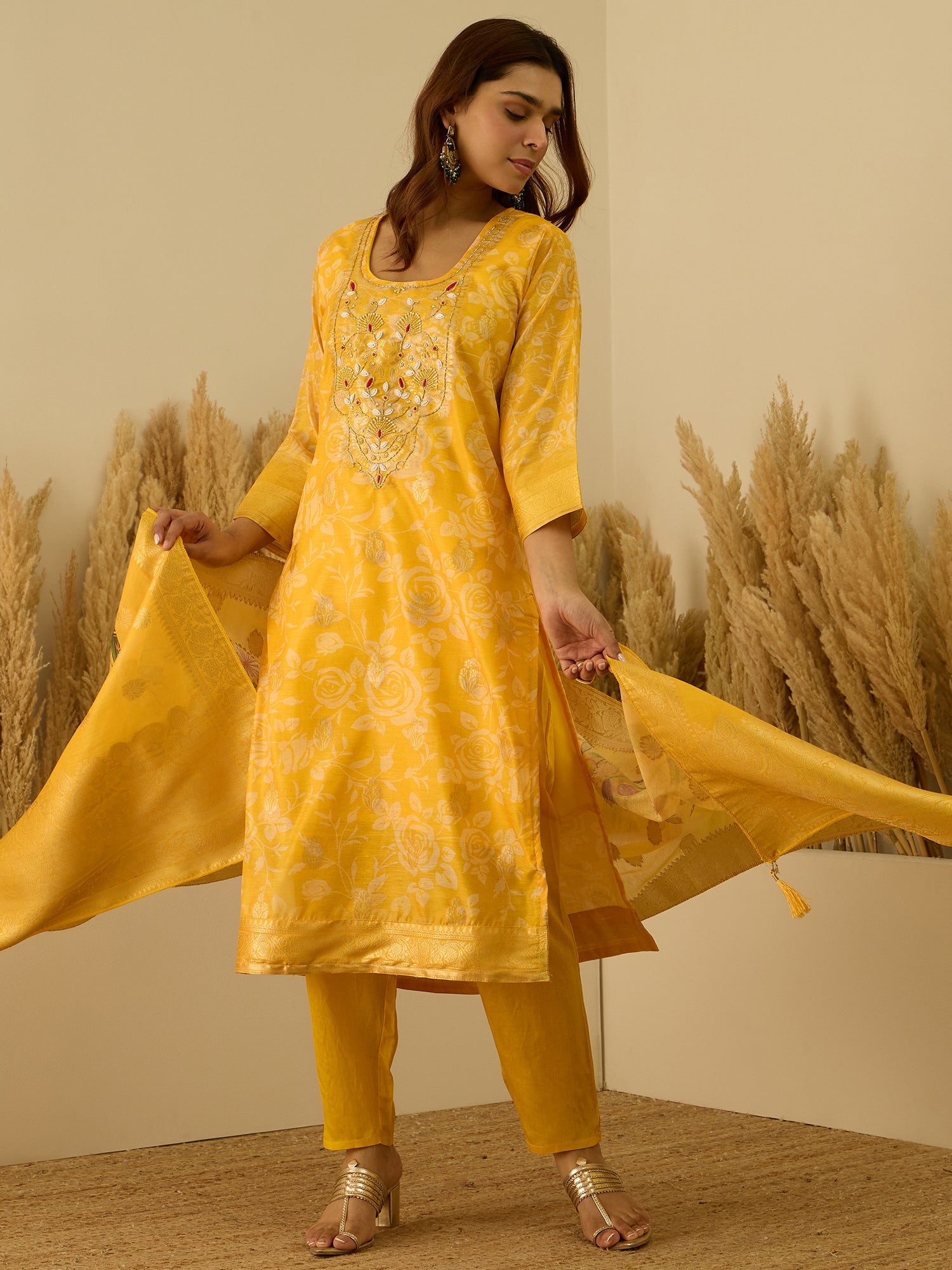 VredeVogel Yellow Silk Blend Embroidered Straight Kurta Set with Trousers & Dupatta