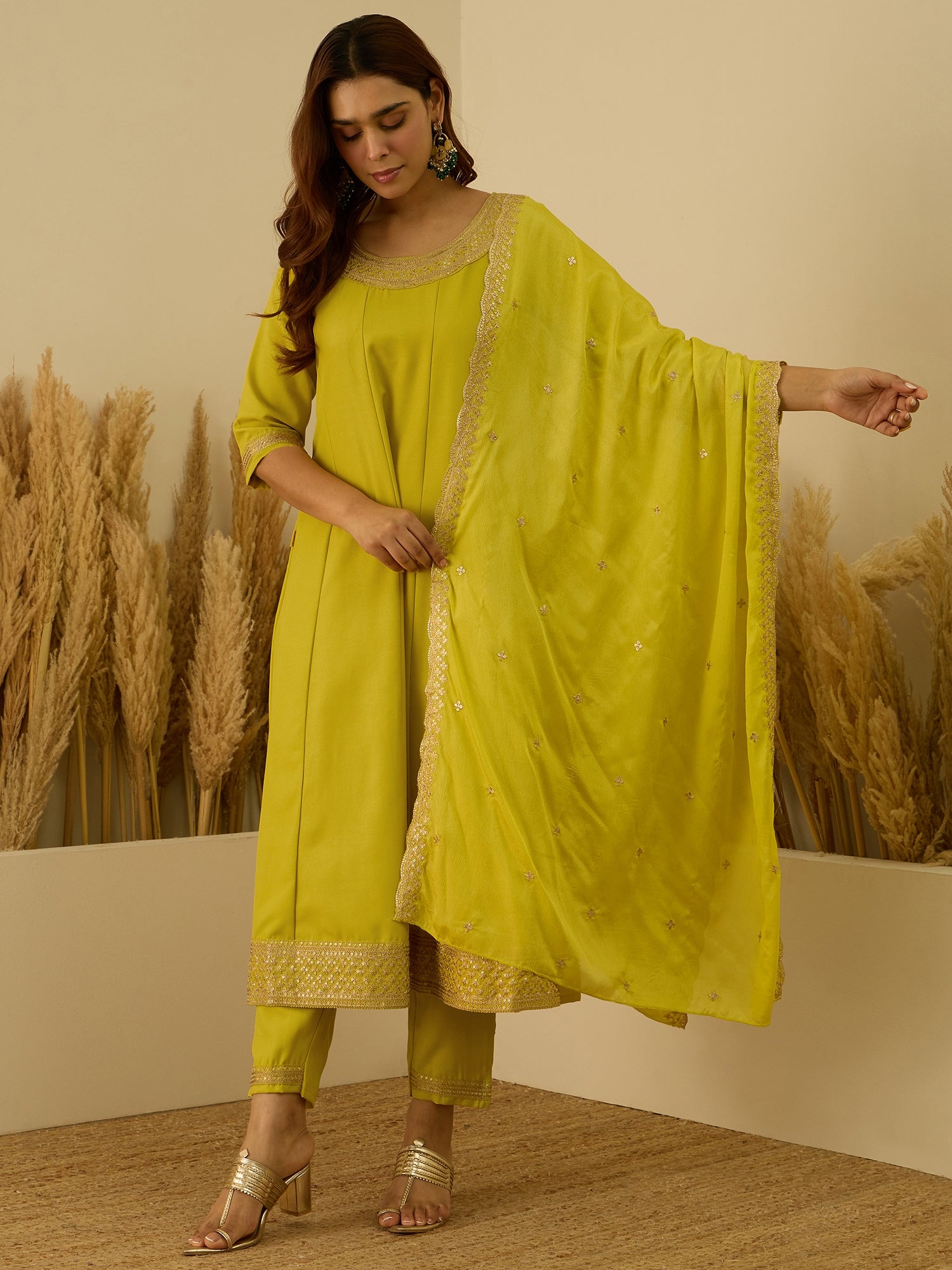Lalita Lemon Stylish Anarkali Kurta Set Ready to Wear Soft Silk Fabric with Embroidered Dupatta Tailored Fit