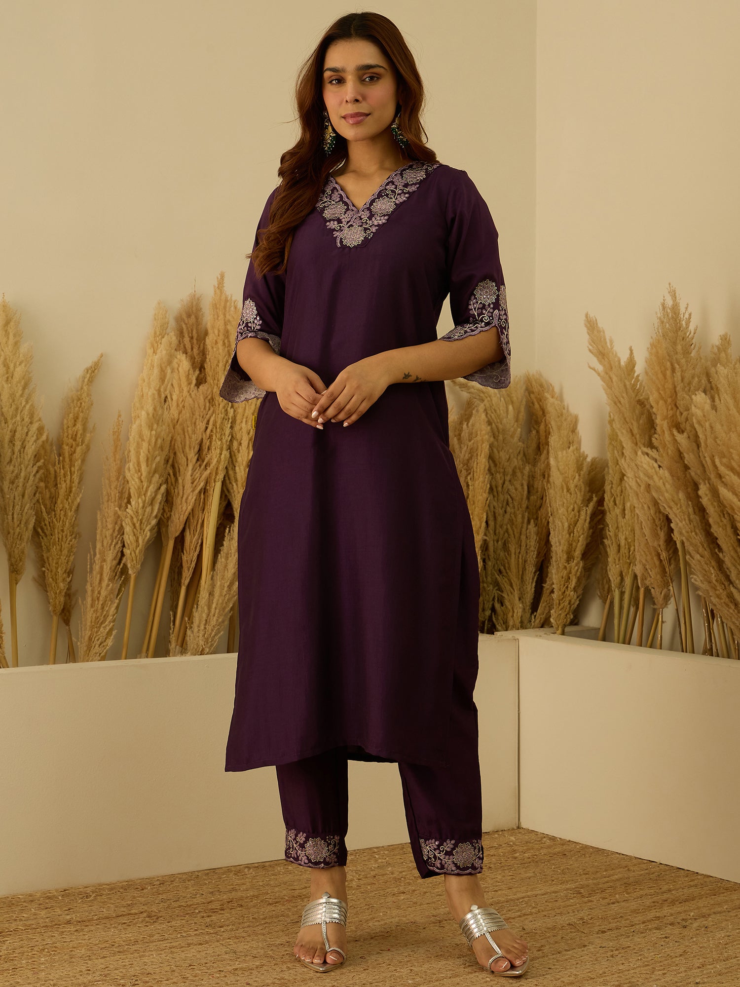 VredeVogel Women Kurta and Pant Sets Chanderi Silk Blend