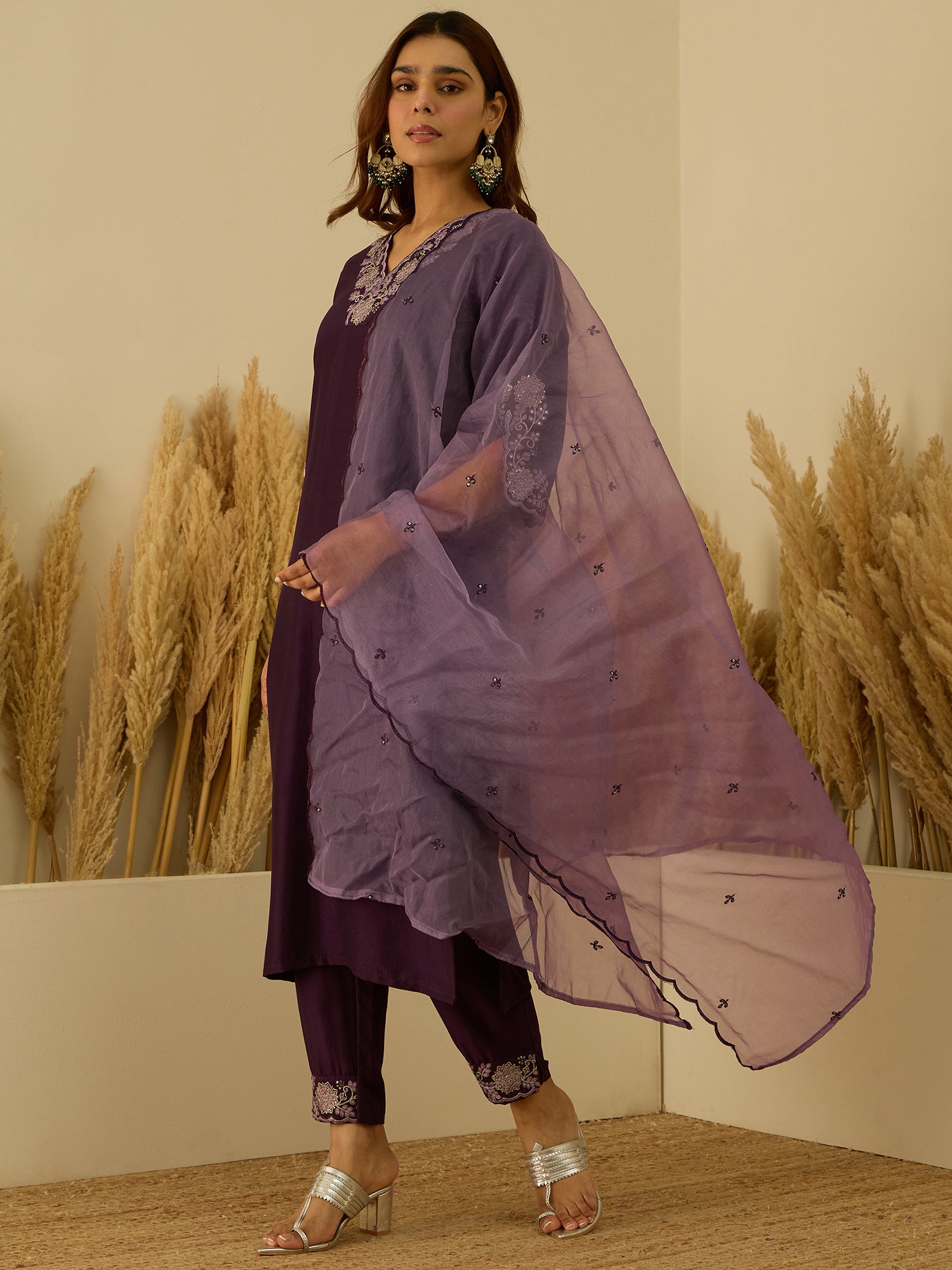 VredeVogel Women Kurta and Pant Sets Chanderi Silk Blend