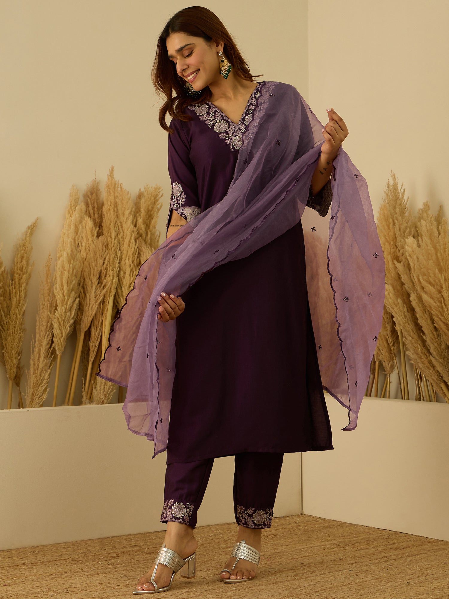 VredeVogel Women Kurta and Pant Sets Chanderi Silk Blend