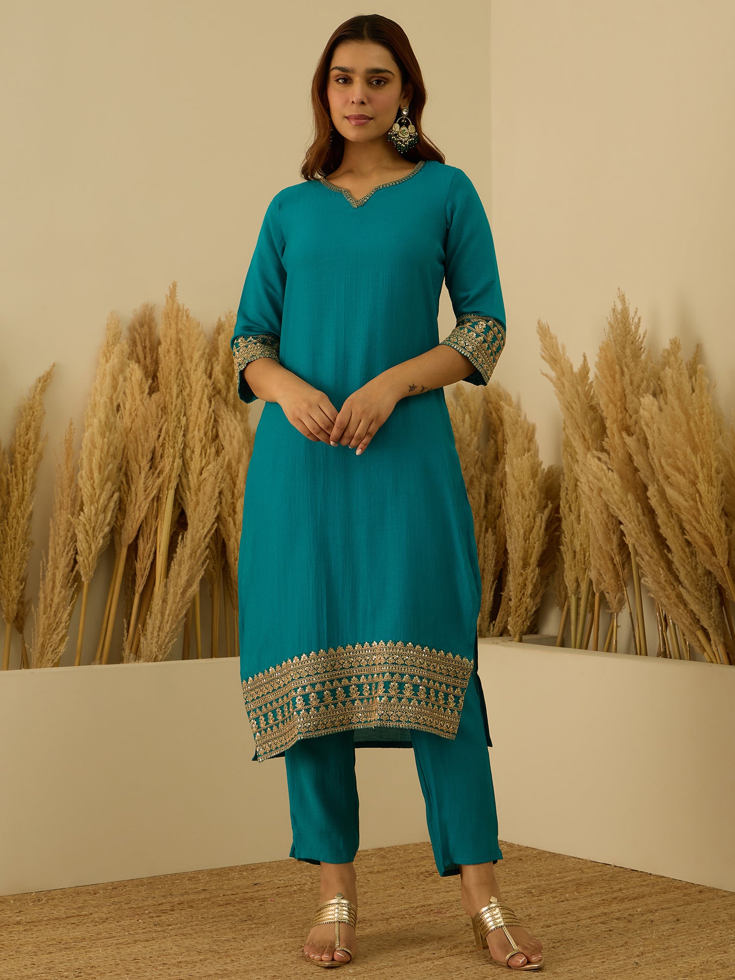 VredeVogel Rama Silk Blend Embroidered with Sequins Straight Kurta Set with Trousers & Dupatta