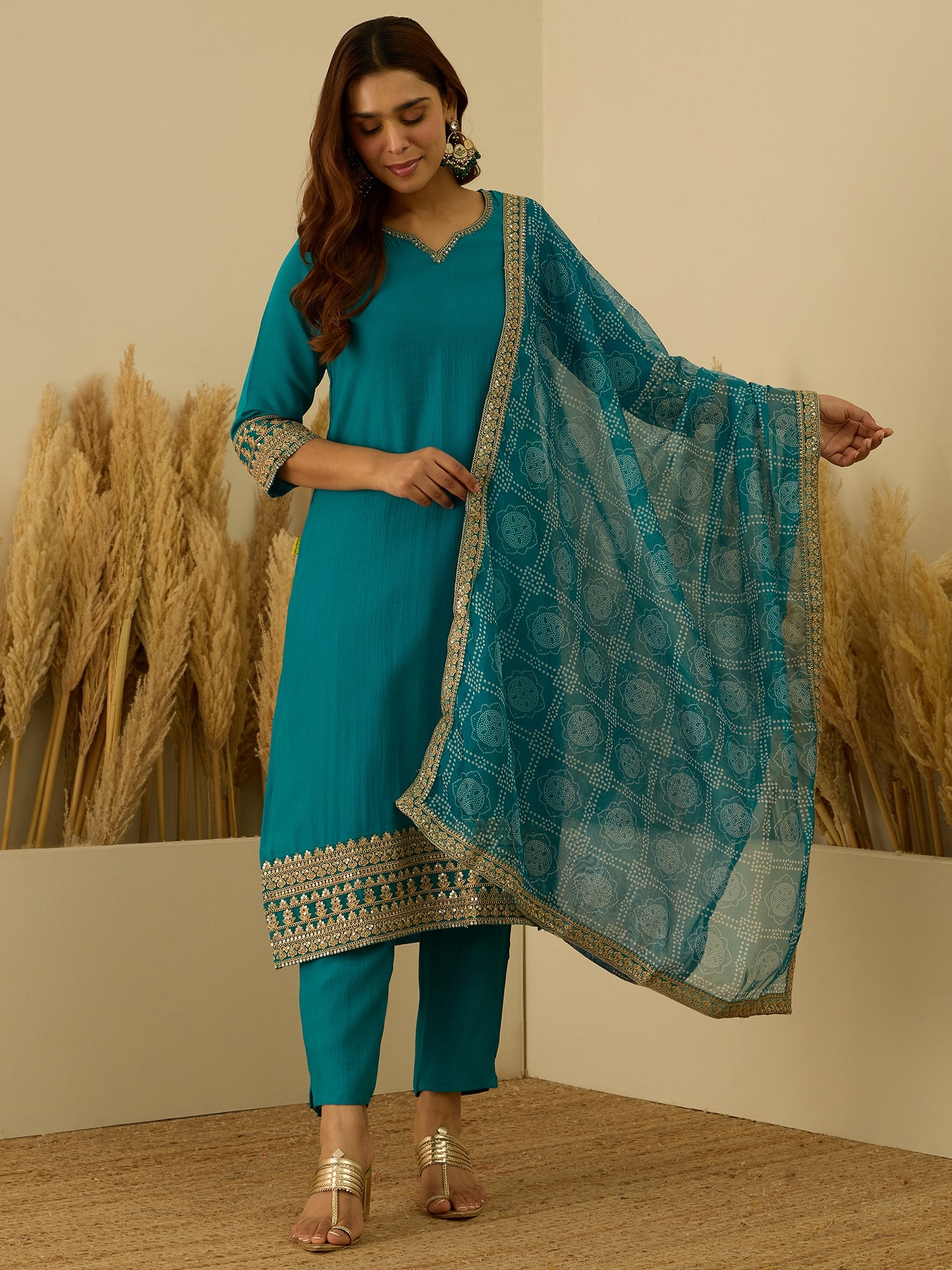 VredeVogel Rama Silk Blend Embroidered with Sequins Straight Kurta Set with Trousers & Dupatta