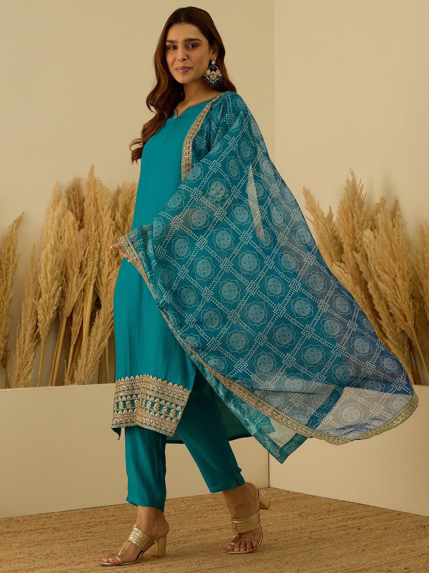 VredeVogel Rama Silk Blend Embroidered with Sequins Straight Kurta Set with Trousers & Dupatta
