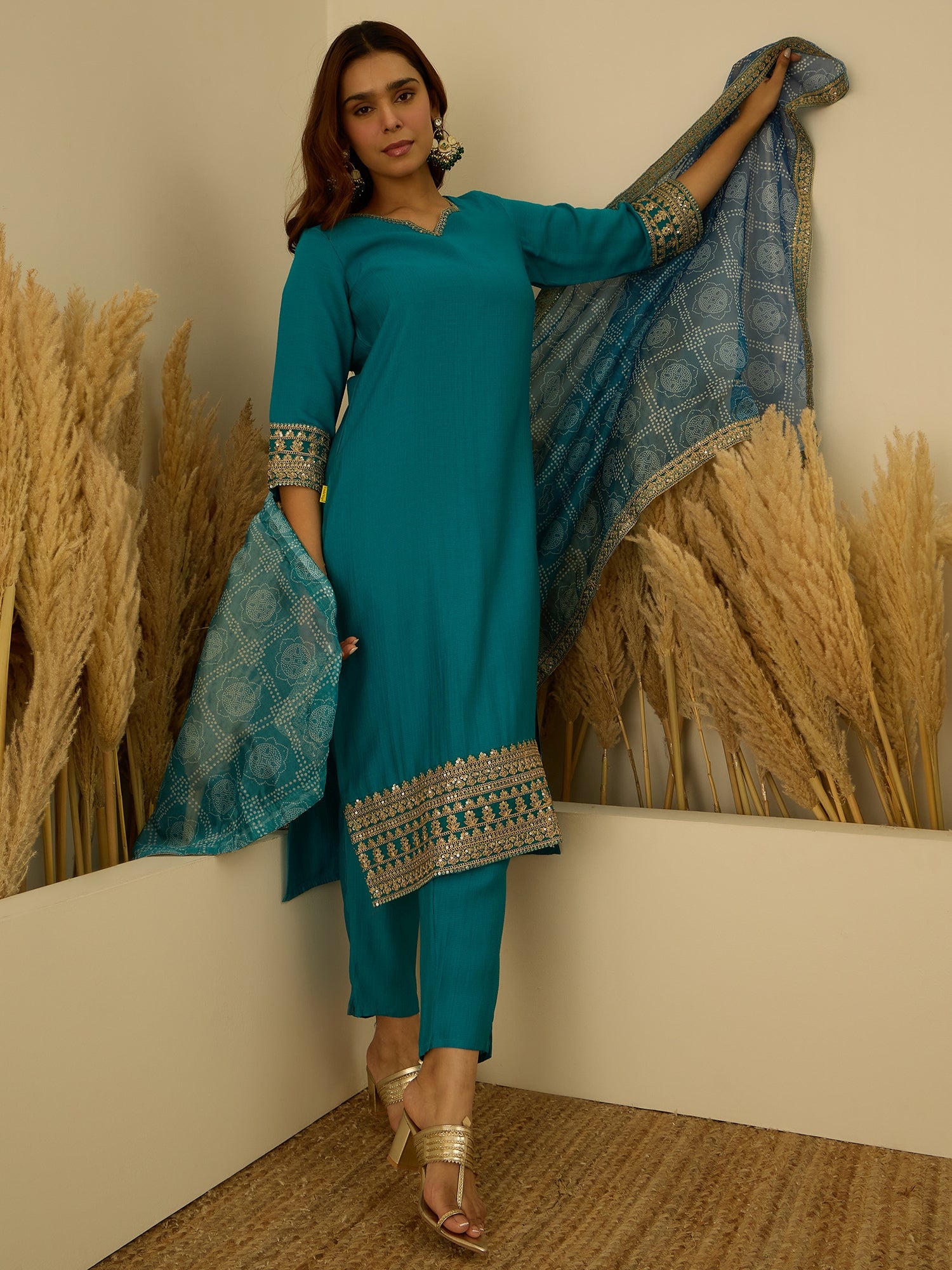 VredeVogel Rama Silk Blend Embroidered with Sequins Straight Kurta Set with Trousers & Dupatta