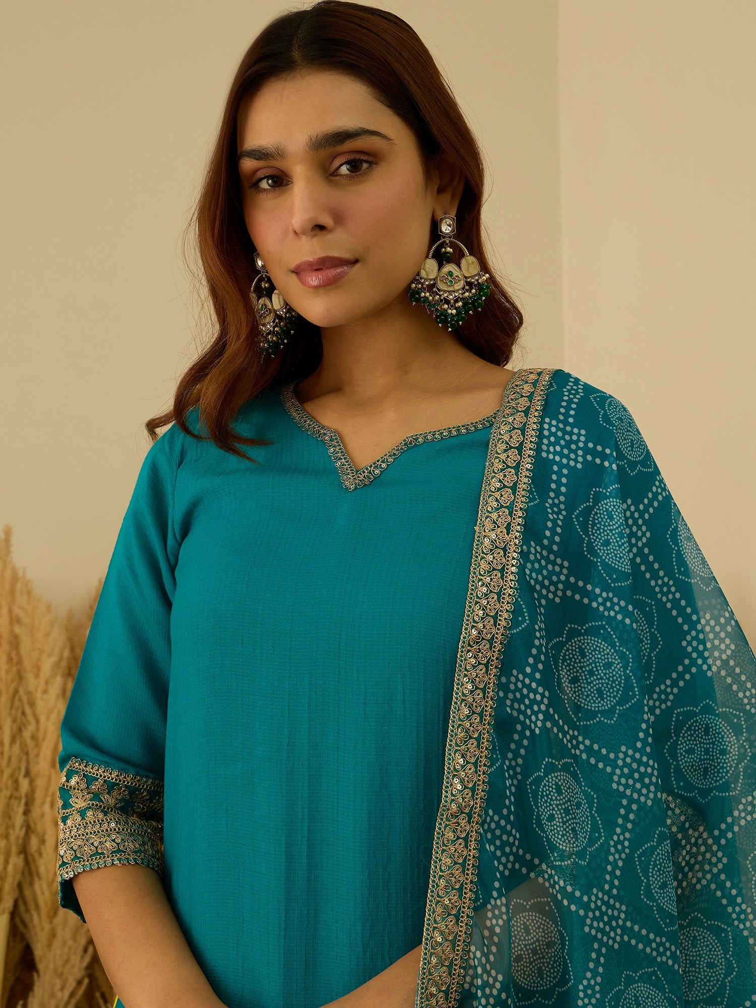 VredeVogel Rama Silk Blend Embroidered with Sequins Straight Kurta Set with Trousers & Dupatta