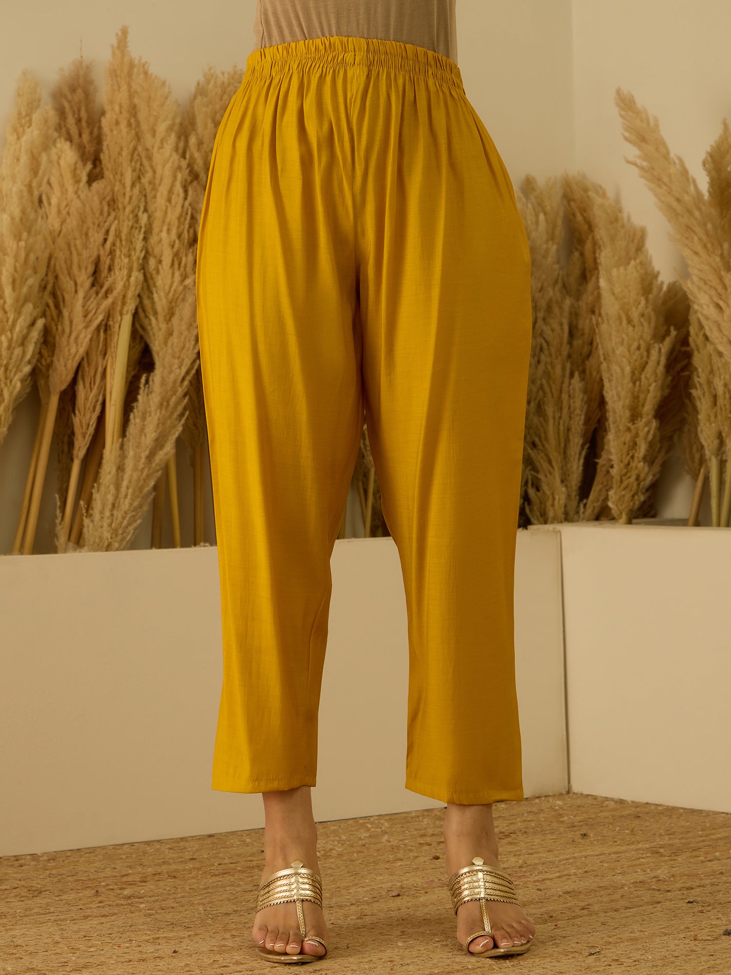 Saanjh Yellow Women Kurta and Pant Dupatta Sets Silk Fabrics with Embroidery