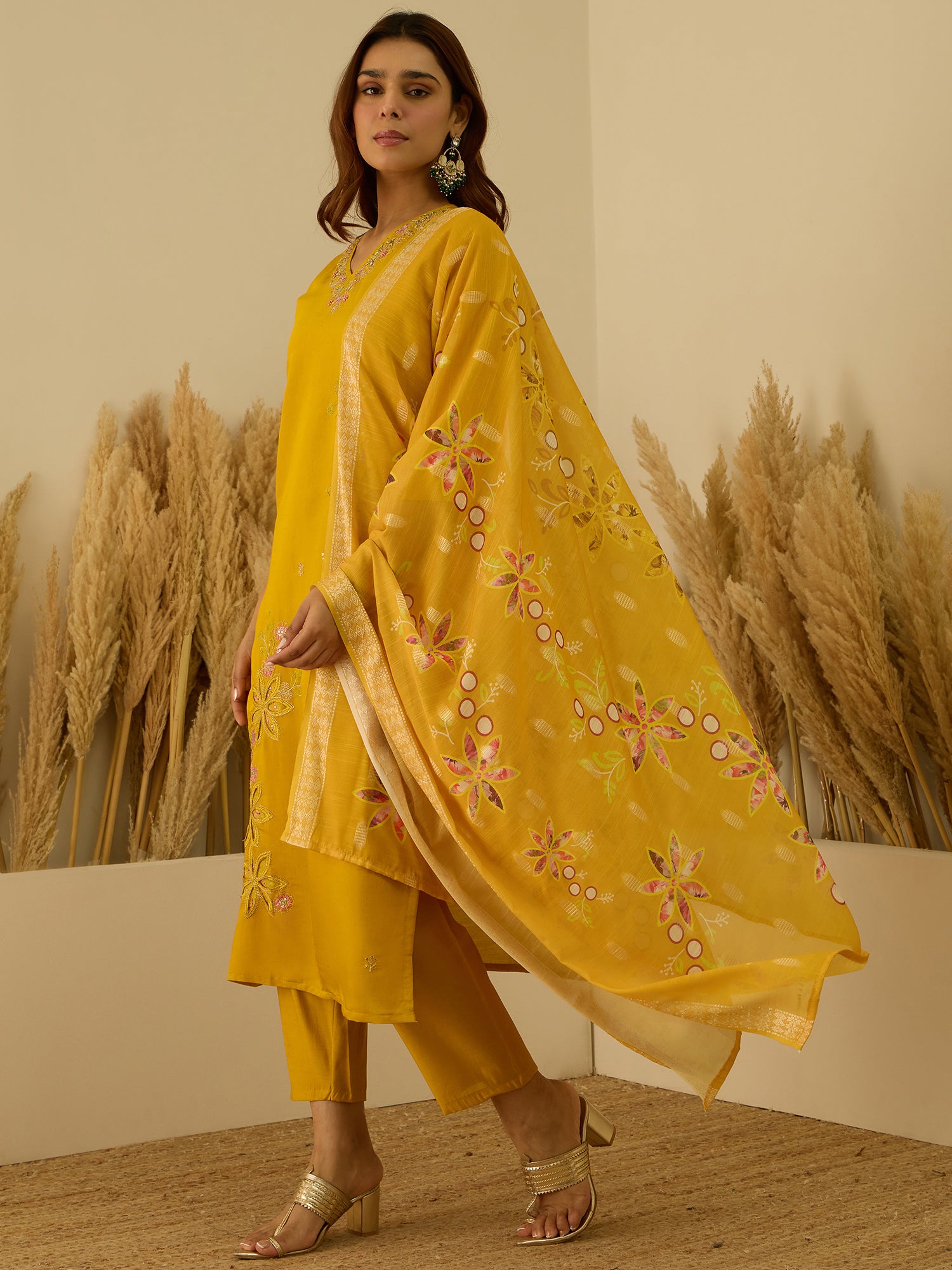 Saanjh Yellow Women Kurta and Pant Dupatta Sets Silk Fabrics with Embroidery