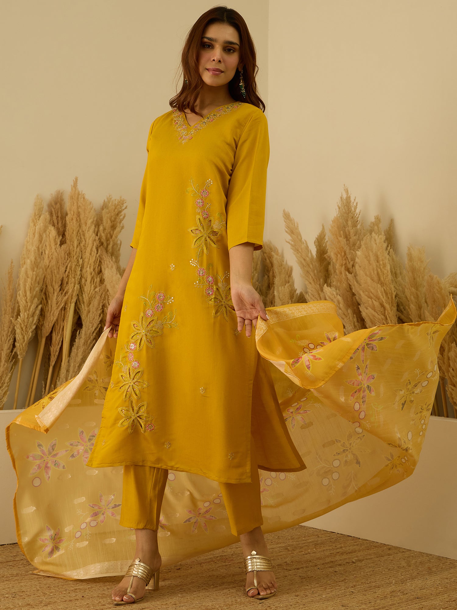 Saanjh Yellow Women Kurta and Pant Dupatta Sets Silk Fabrics with Embroidery