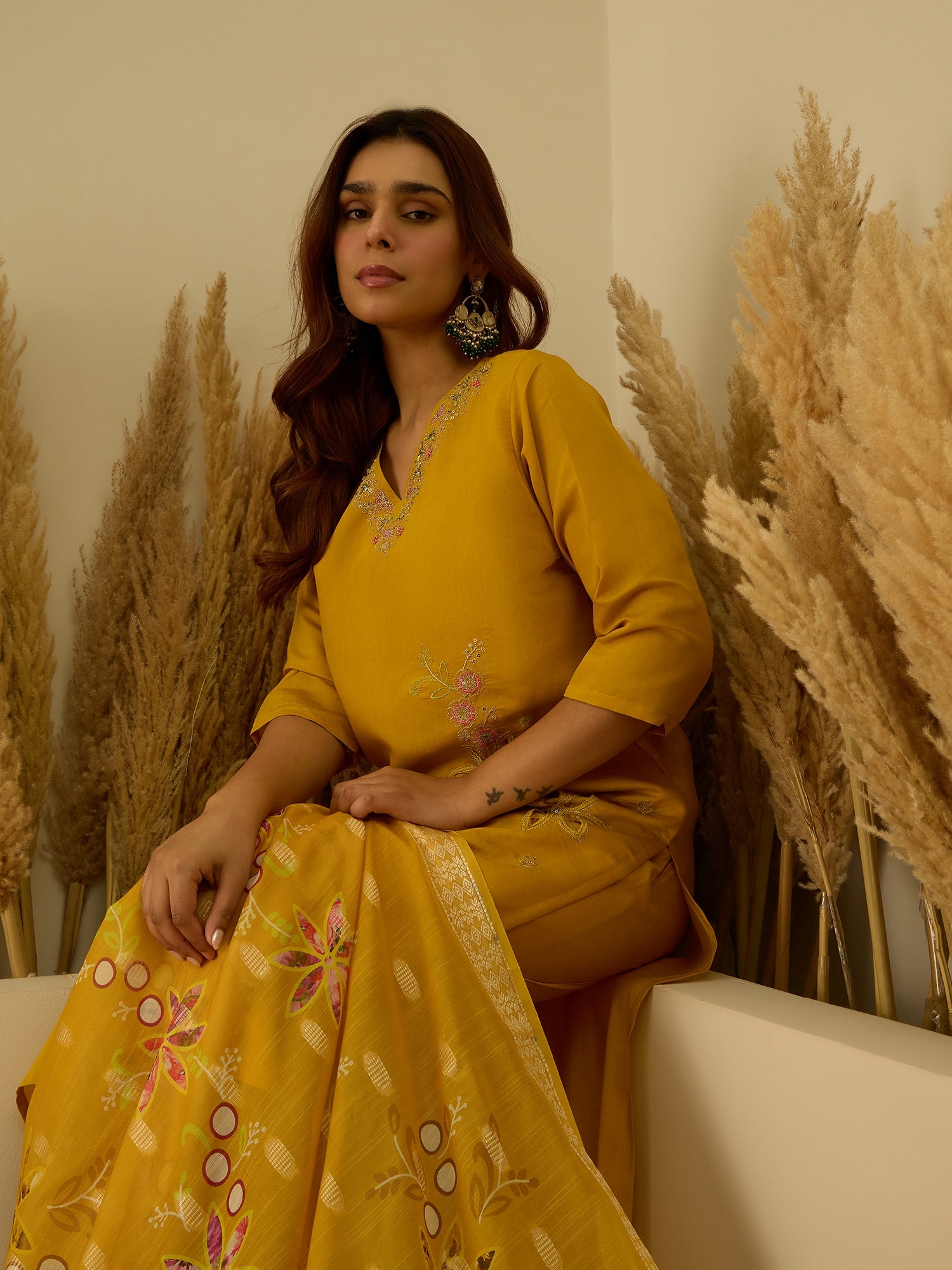 Saanjh Yellow Women Kurta and Pant Dupatta Sets Silk Fabrics with Embroidery
