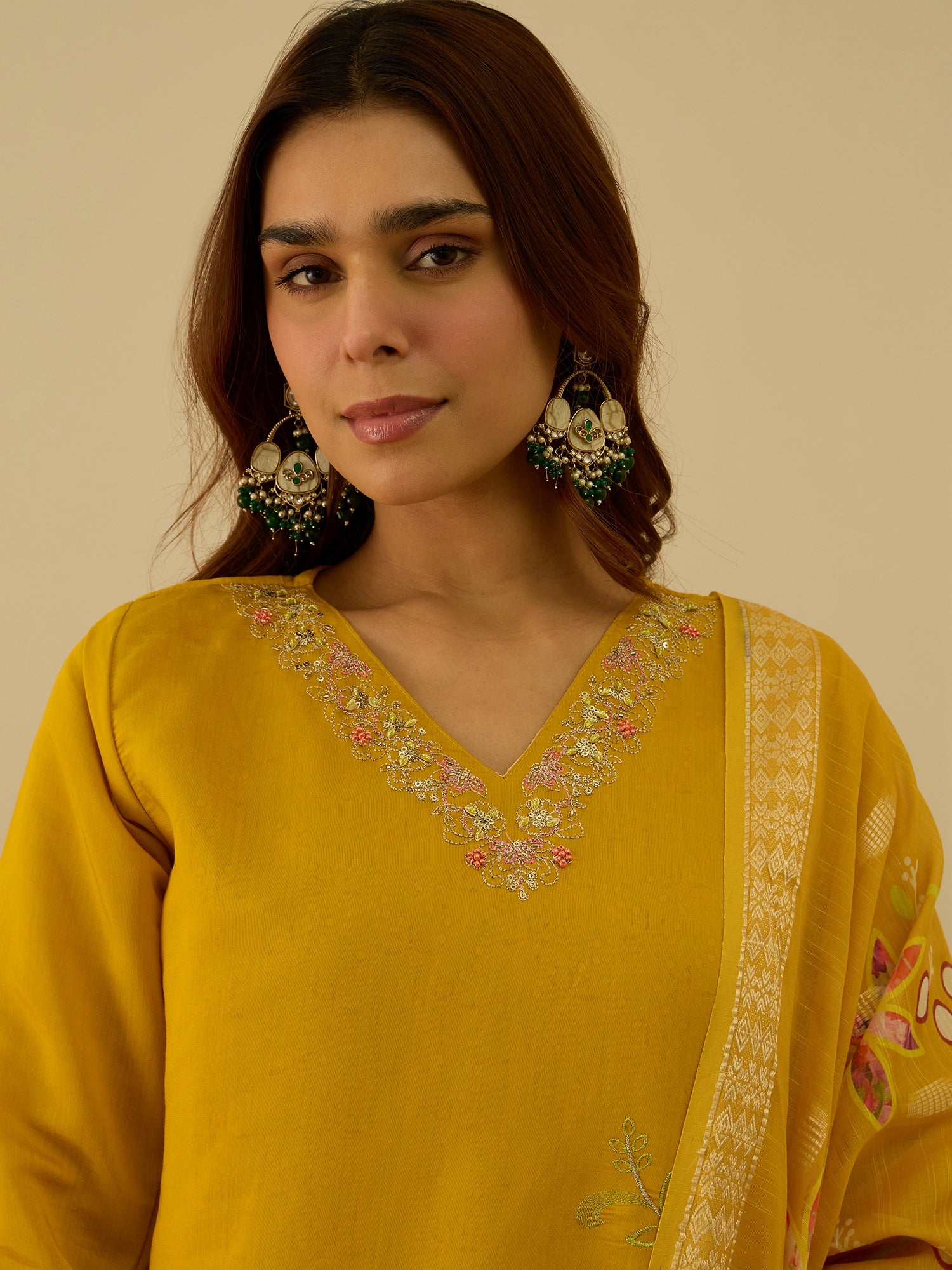 Saanjh Yellow Women Kurta and Pant Dupatta Sets Silk Fabrics with Embroidery
