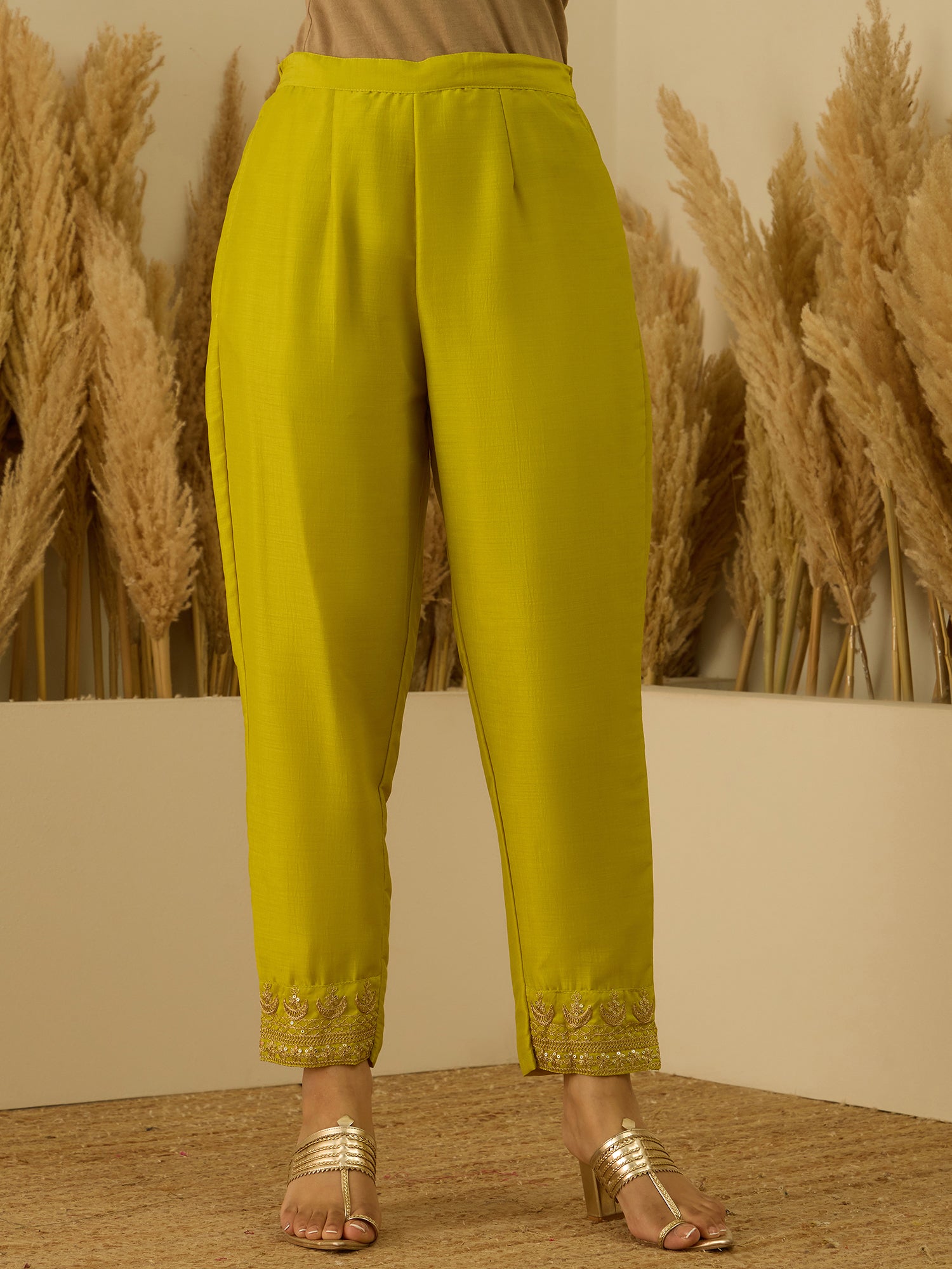 VredeVogel Lemon Women Kurta and Pant Dupatta Sets Chanderi Silk Fabrics with Embroidery