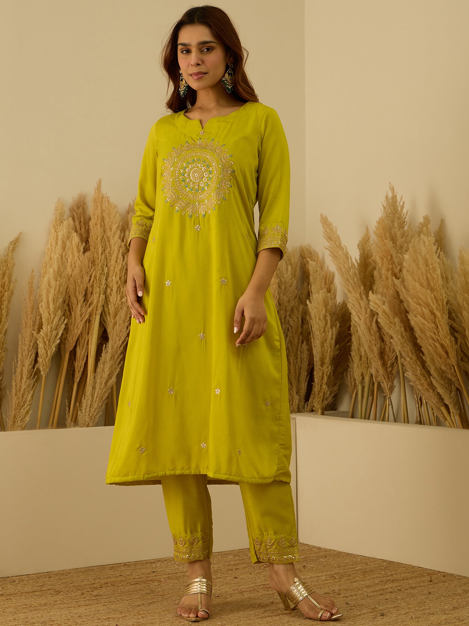 VredeVogel Lemon Women Kurta and Pant Dupatta Sets Chanderi Silk Fabrics with Embroidery