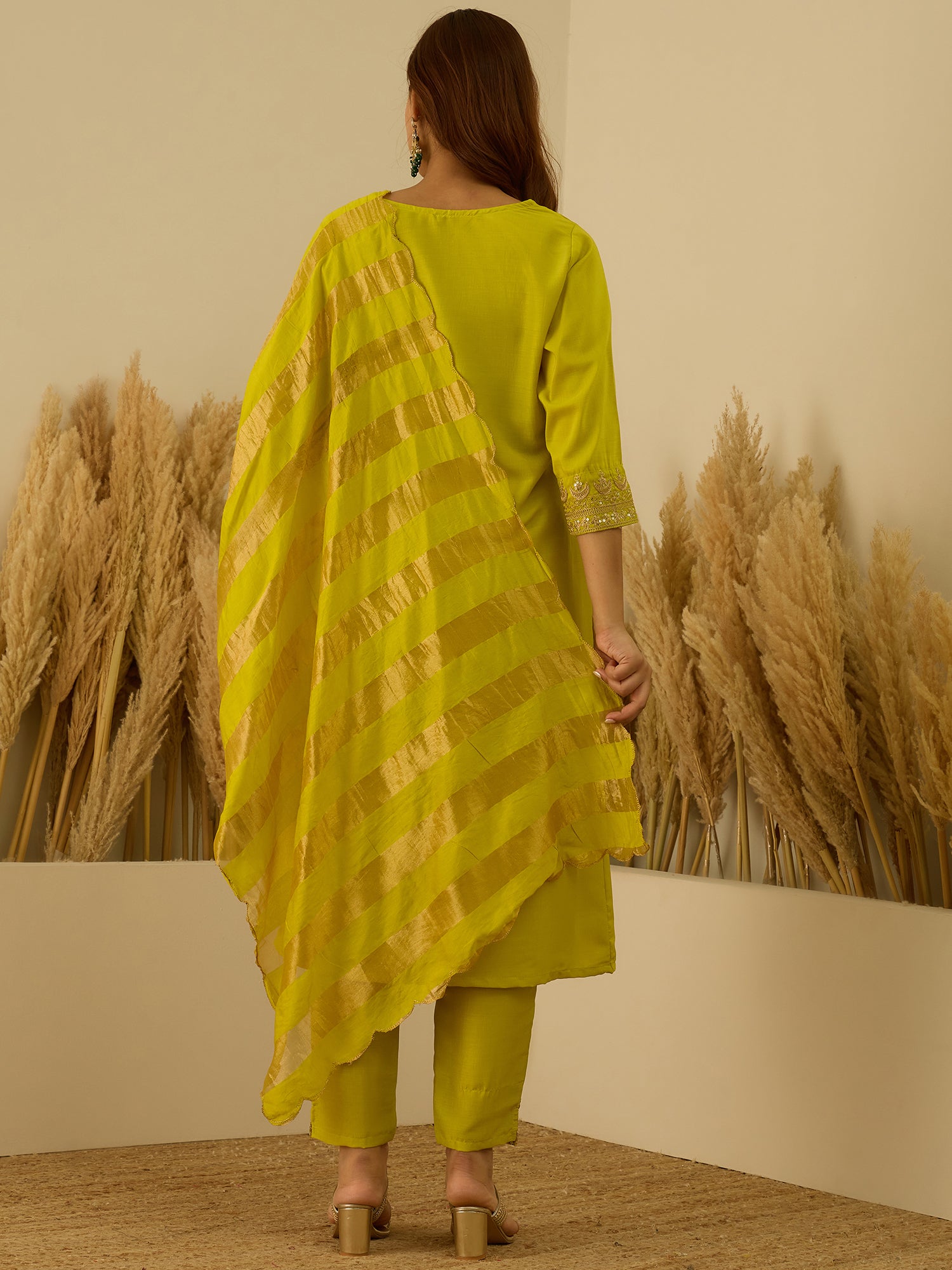 VredeVogel Lemon Women Kurta and Pant Dupatta Sets Chanderi Silk Fabrics with Embroidery